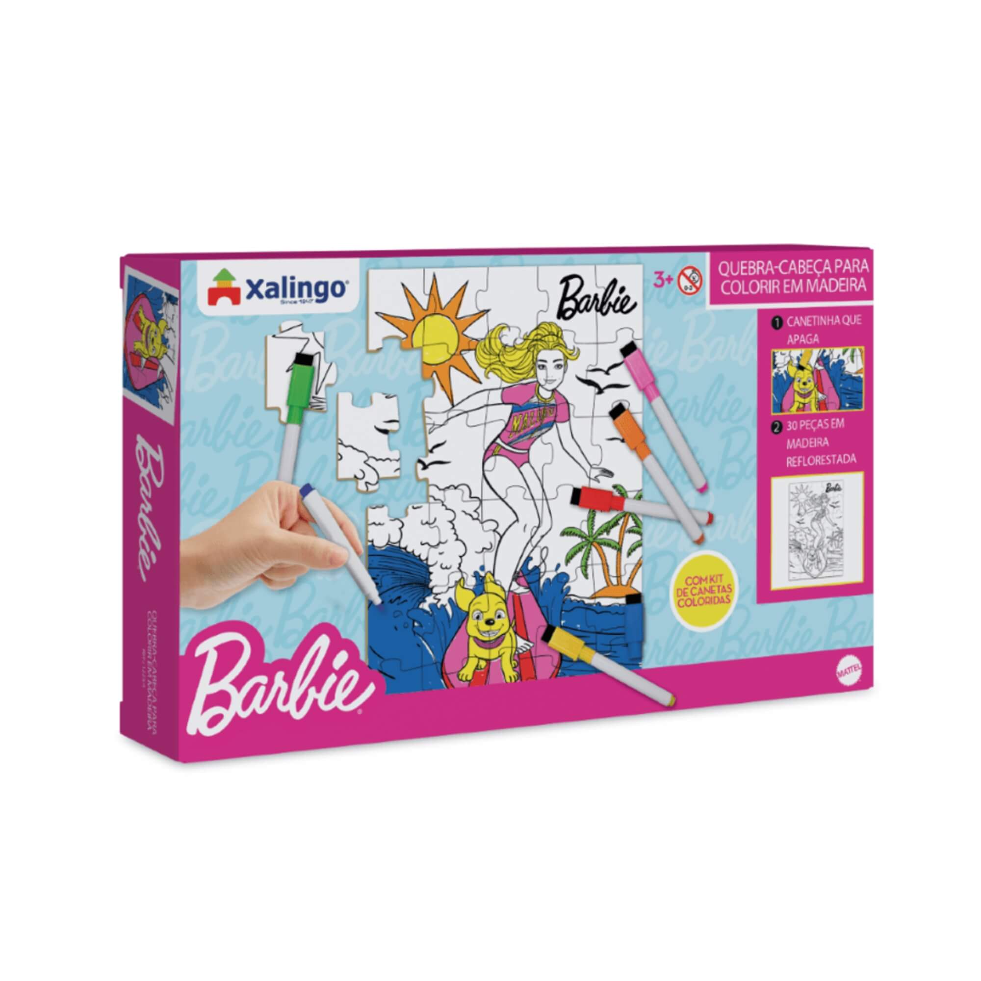Jogo Quebra-Cabeça para Colorir Barbie Surfista c/ Kit Canetinha Xalingo - 12254