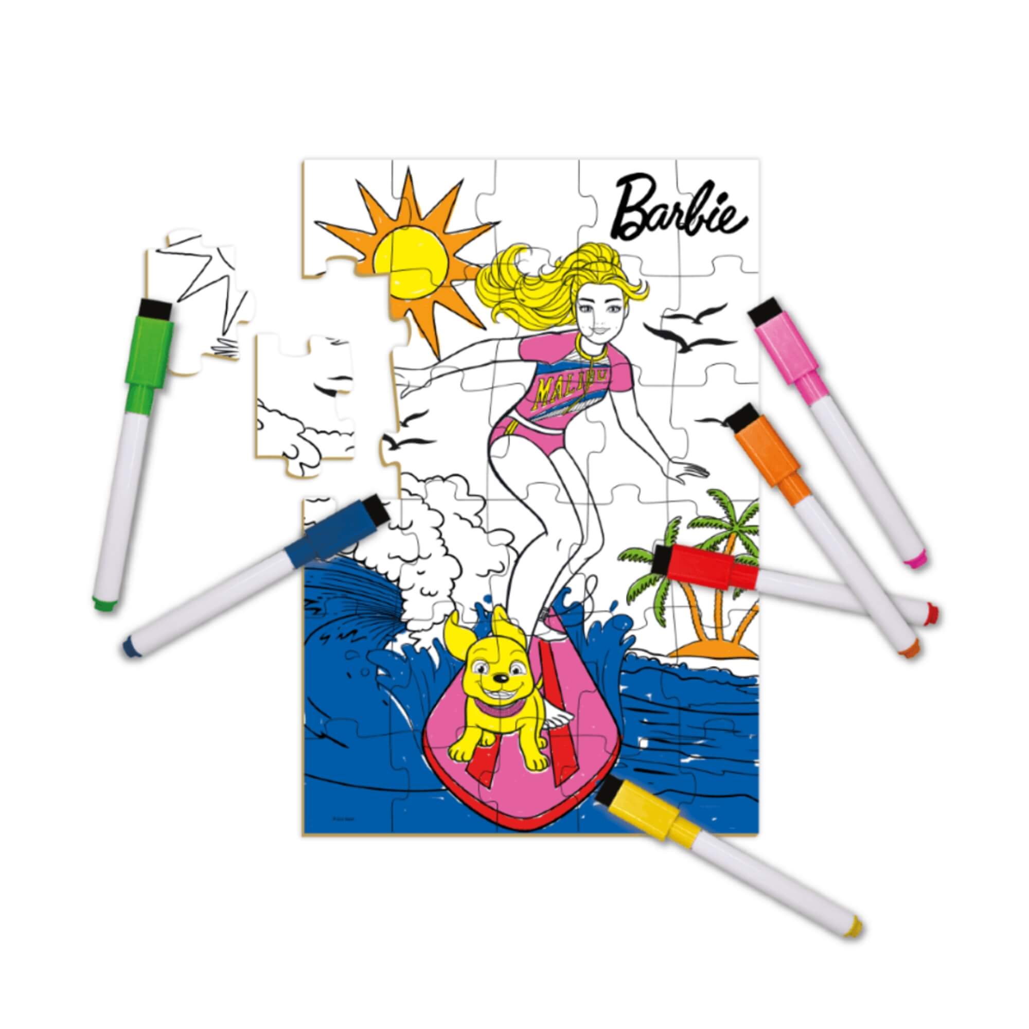 Jogo Quebra-Cabeça para Colorir Barbie Surfista c/ Kit Canetinha Xalingo - 12254