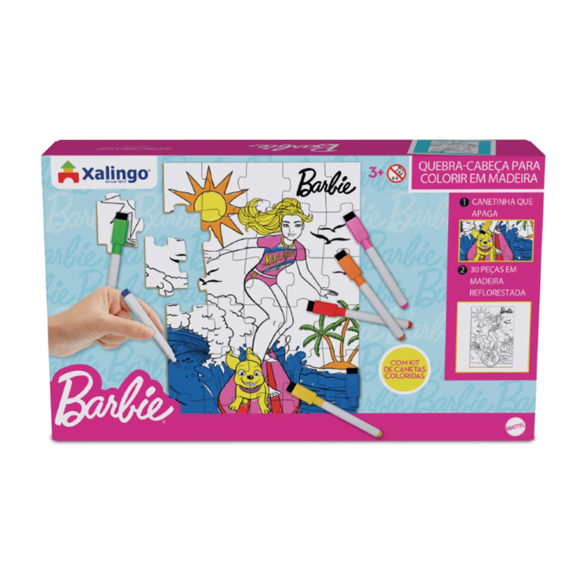Jogo Quebra-Cabeça para Colorir Barbie Surfista c/ Kit Canetinha Xalingo - 12254