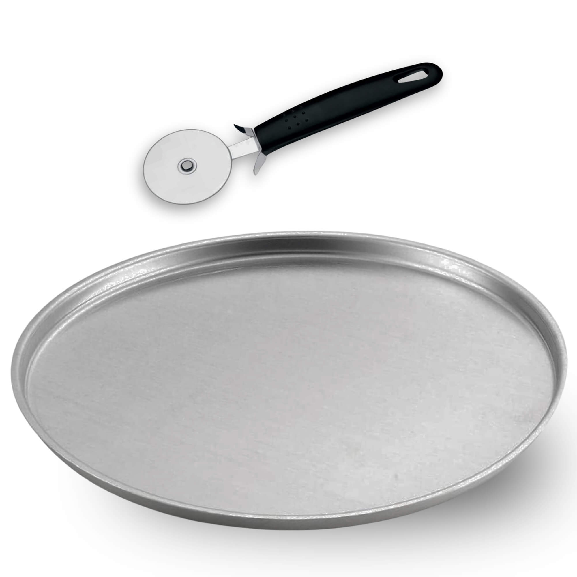 COMP Kit Forma de Pizza Lisa 30cm Alumínio + Cortador de Pizza Brinox Linha Asti