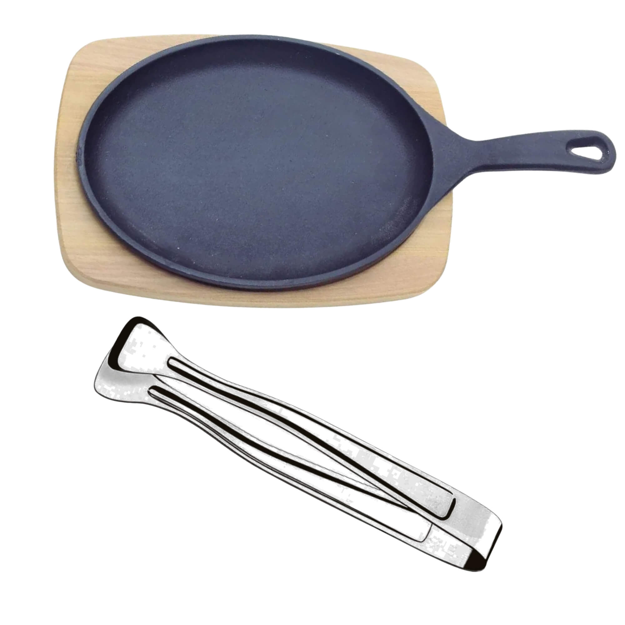 COMP Kit Churrasco Tramontina Tábua Oval Madeira Teca e Ferro Fundido + Pinça Brinox Aço Inox