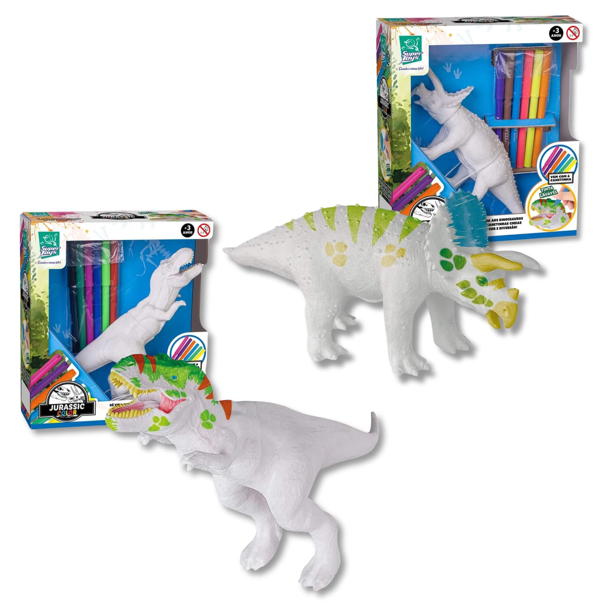 COMP Kit Brinquedo Jurassic Color T-Rex + Triceratops para Pintar com 12 Canetinhas Super Toys