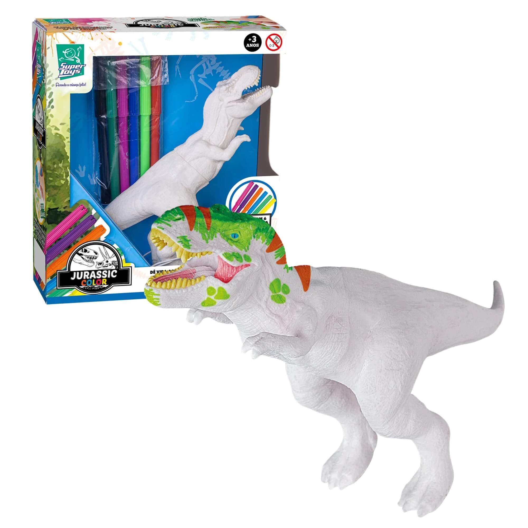 COMP Kit Brinquedo Jurassic Color T-Rex + Triceratops para Pintar com 12 Canetinhas Super Toys