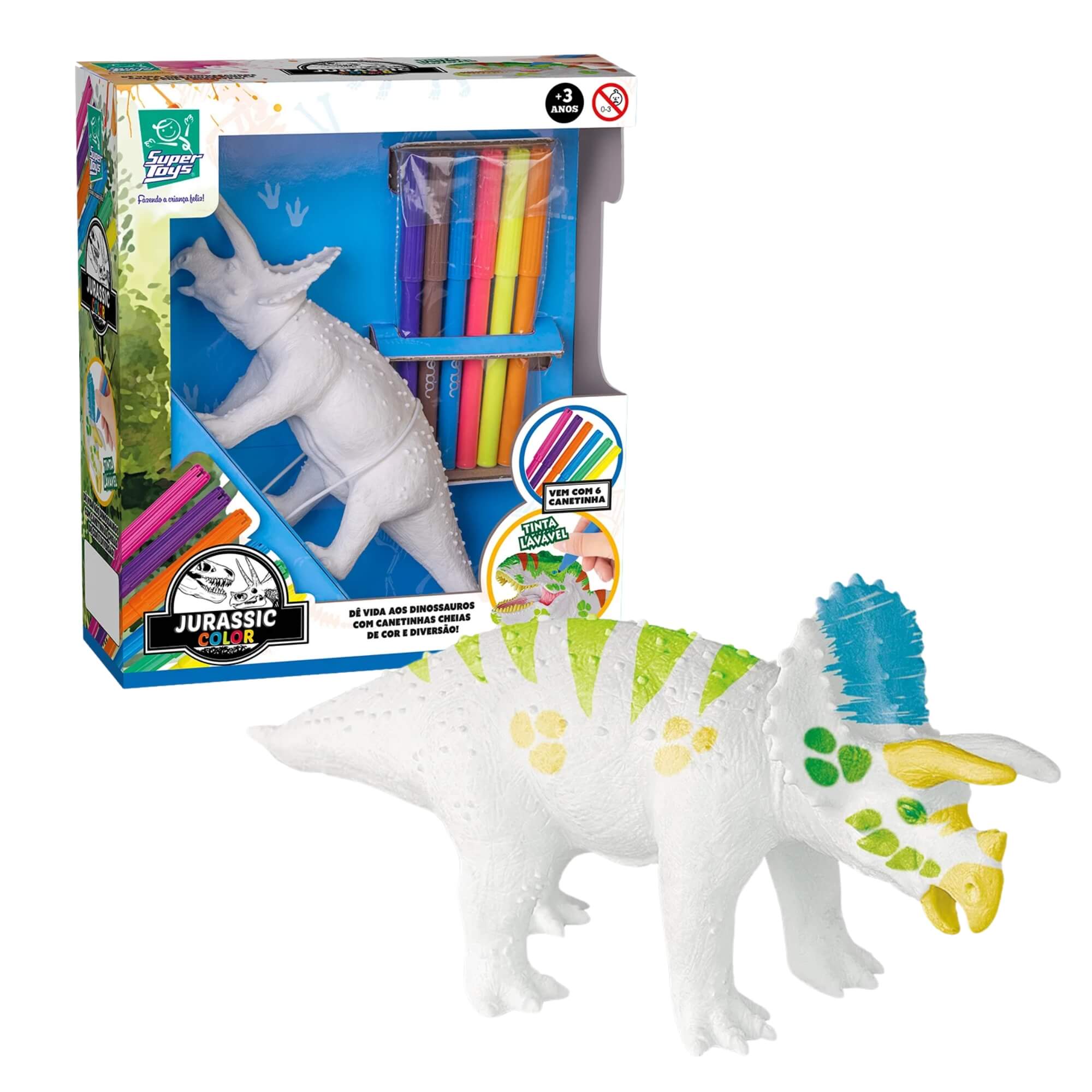 Kit Brinquedo Jurassic Color T-Rex + Triceratops para Pintar com 12 Canetinhas Super Toys