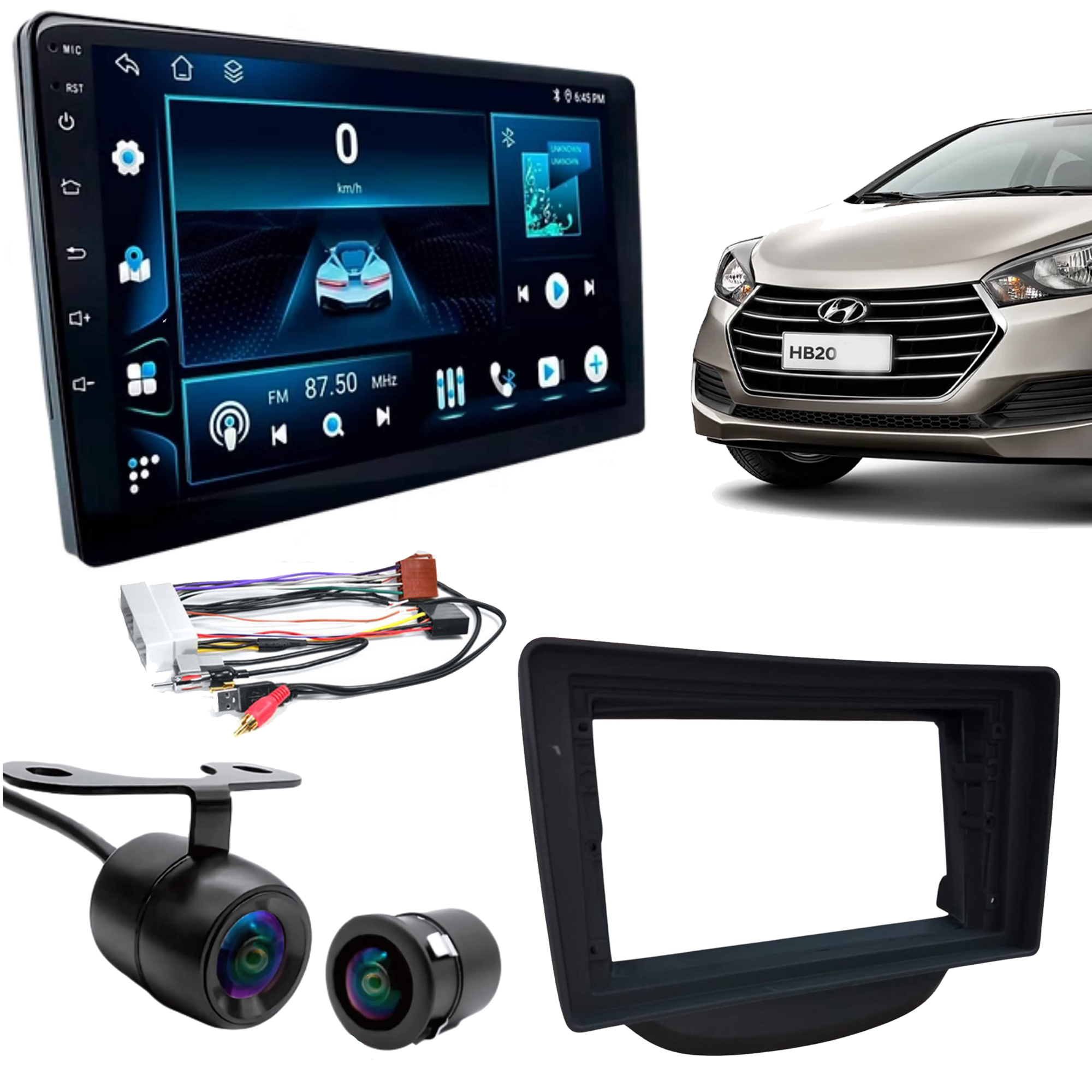 COMP Kit Multimidia 9" Pol Android 6+128gb QLed Hyundai HB20 2012 a 2019 + Câmera de ré + Chicotes