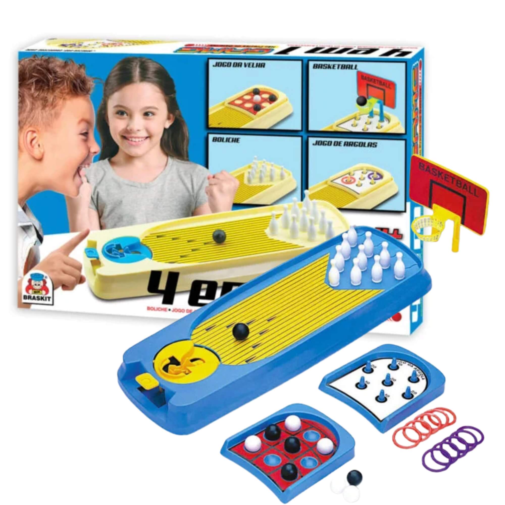 Brinquedo Infantil 4 em 1 Game Mesa de Jogos Argola Basquete Boliche Braskit - 210A