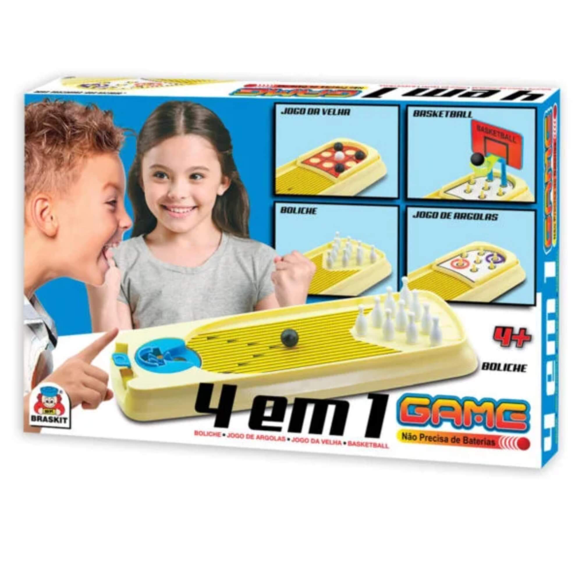 Brinquedo Infantil 4 em 1 Game Mesa de Jogos Argola Basquete Boliche Braskit - 210A