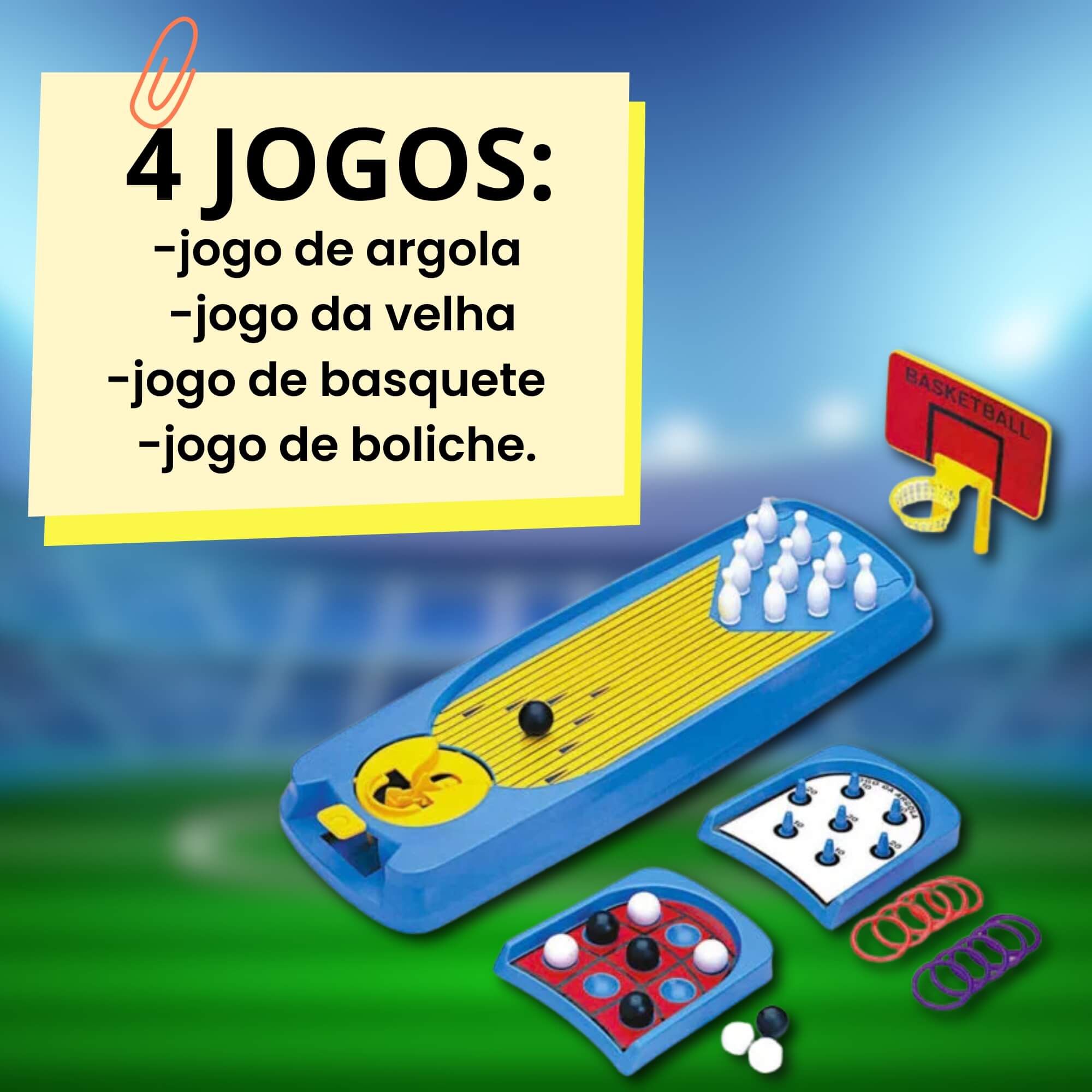 Brinquedo Infantil 4 em 1 Game Mesa de Jogos Argola Basquete Boliche Braskit - 210A