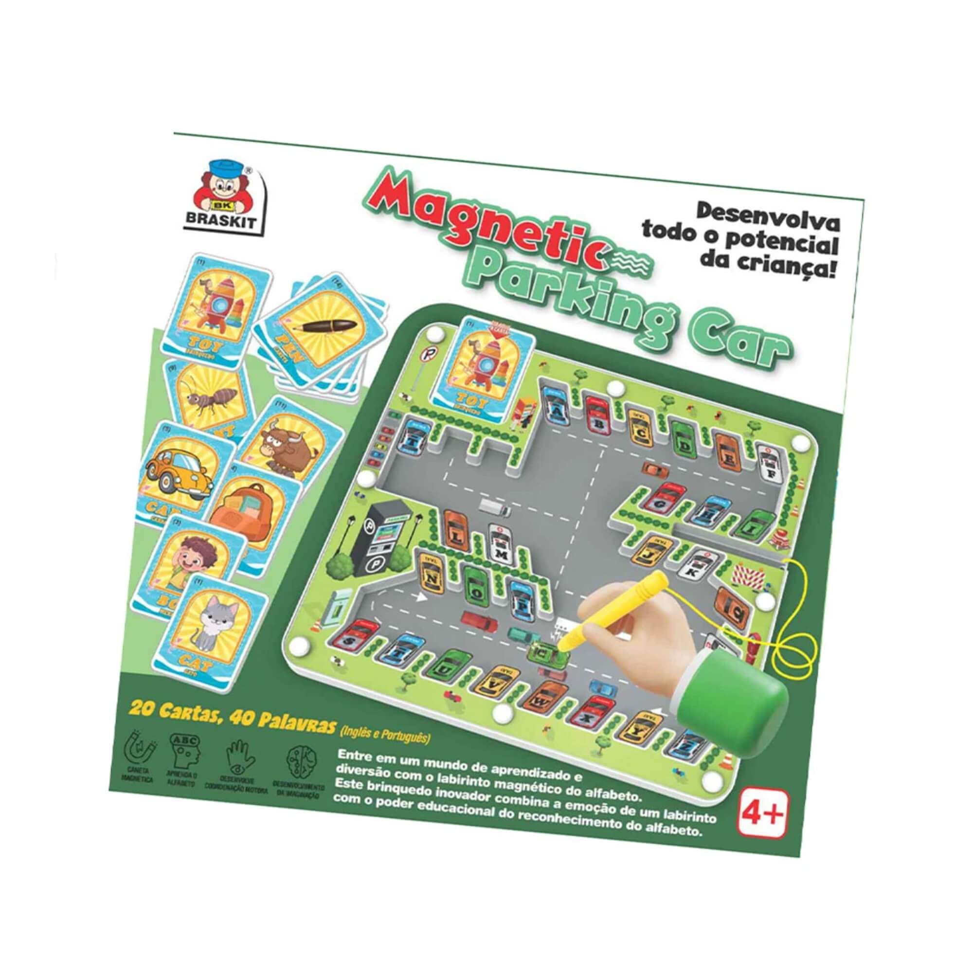 Jogo Magnetic Parking Car c/ 20 cartas com 40 palavras em inglês Braskit - 2306