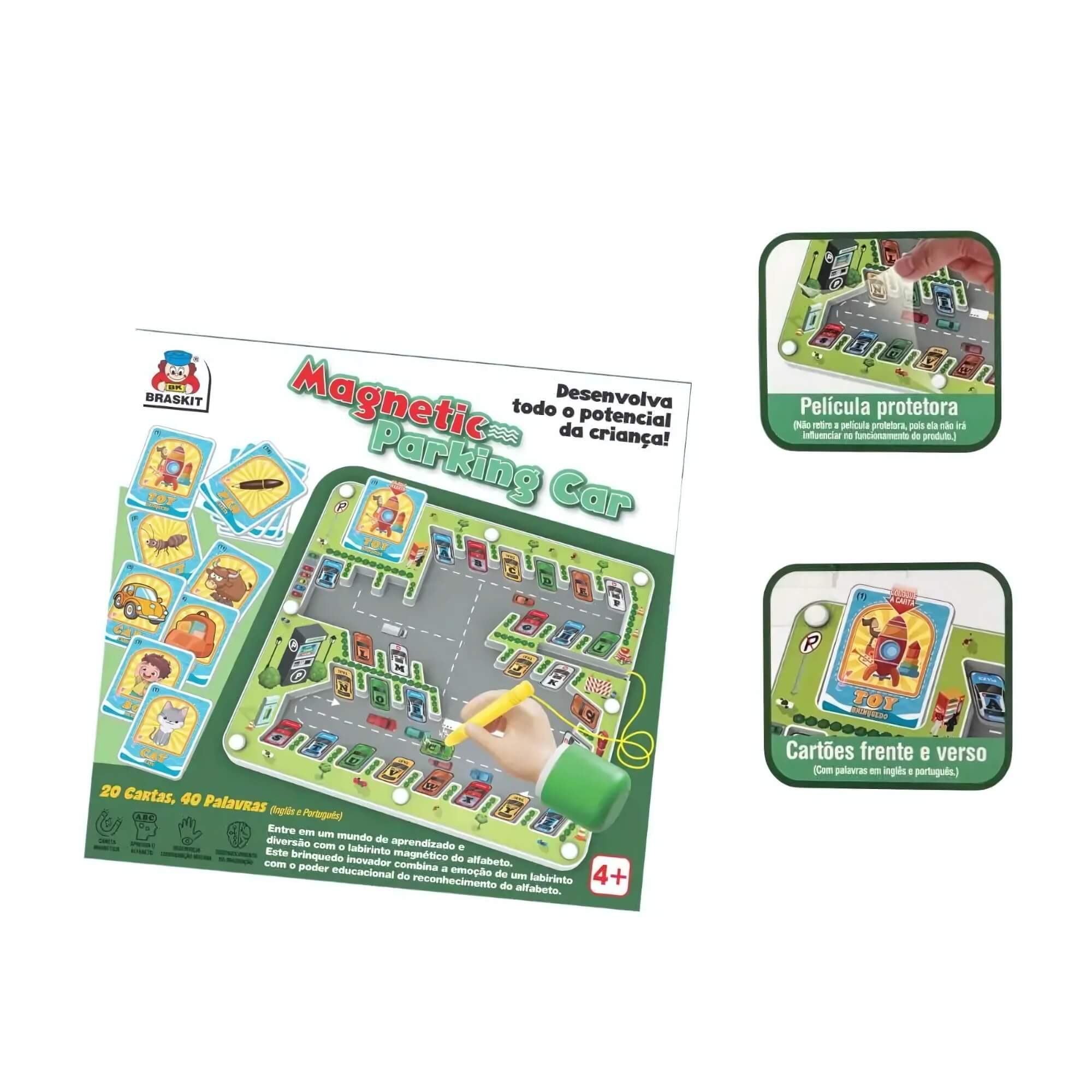 Jogo Magnetic Parking Car c/ 20 cartas com 40 palavras em inglês Braskit - 2306