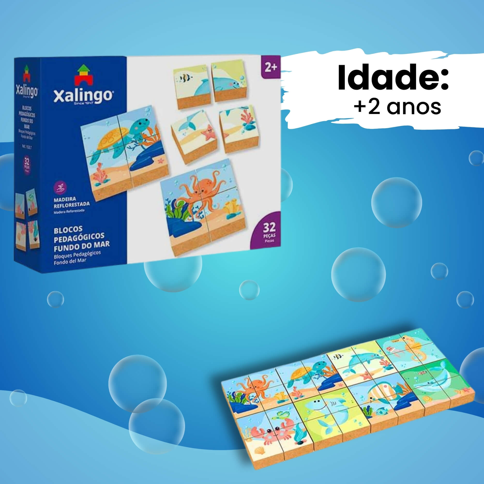 Brinquedo Infantil Blocos Pedagógicos Fundo do Mar Quebra-Cabeça 32 Peças Xalingo - 15287
