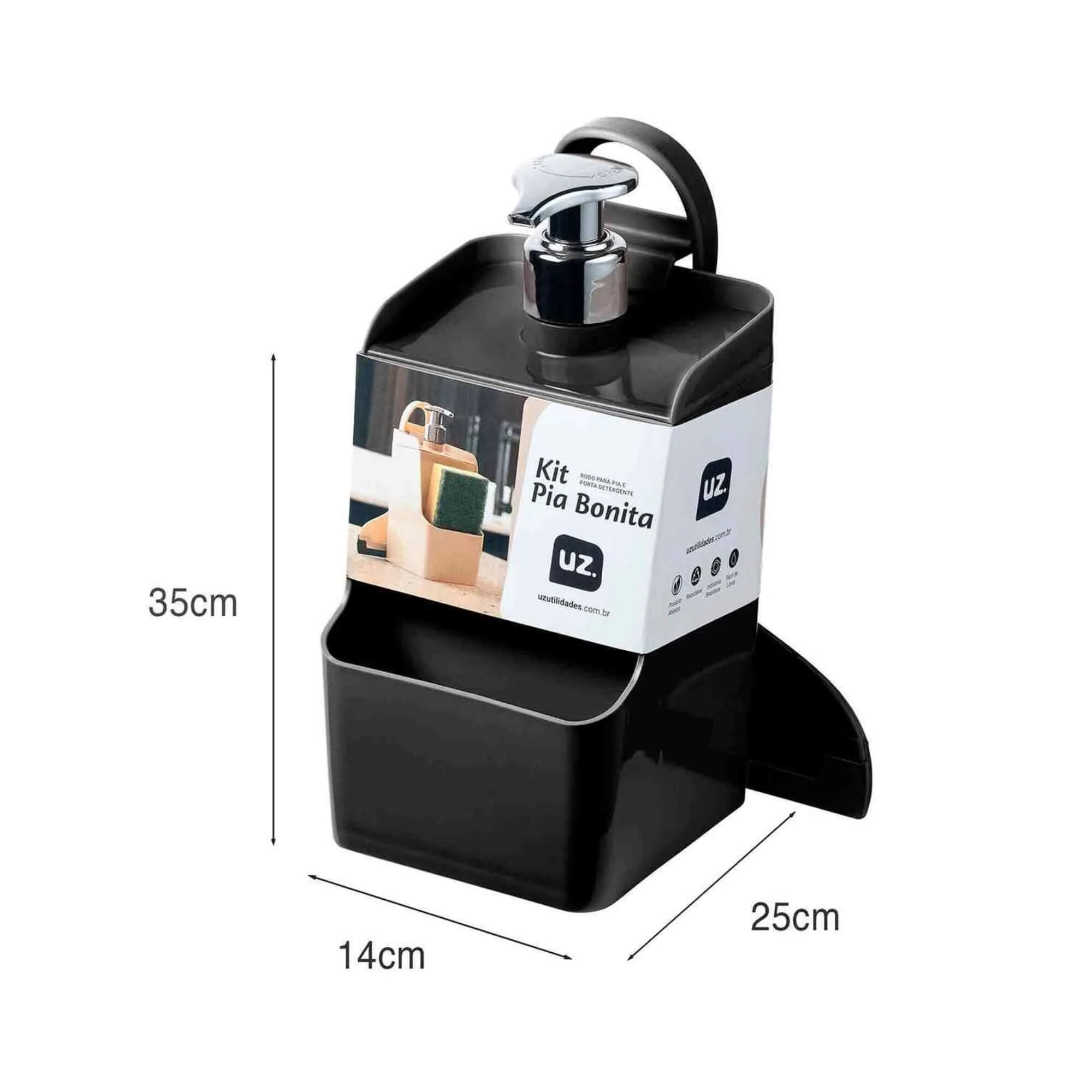 Kit Dispenser Slim PP + Rodo Preto de Plástico UZ Utilidades - UZ1934-PR
