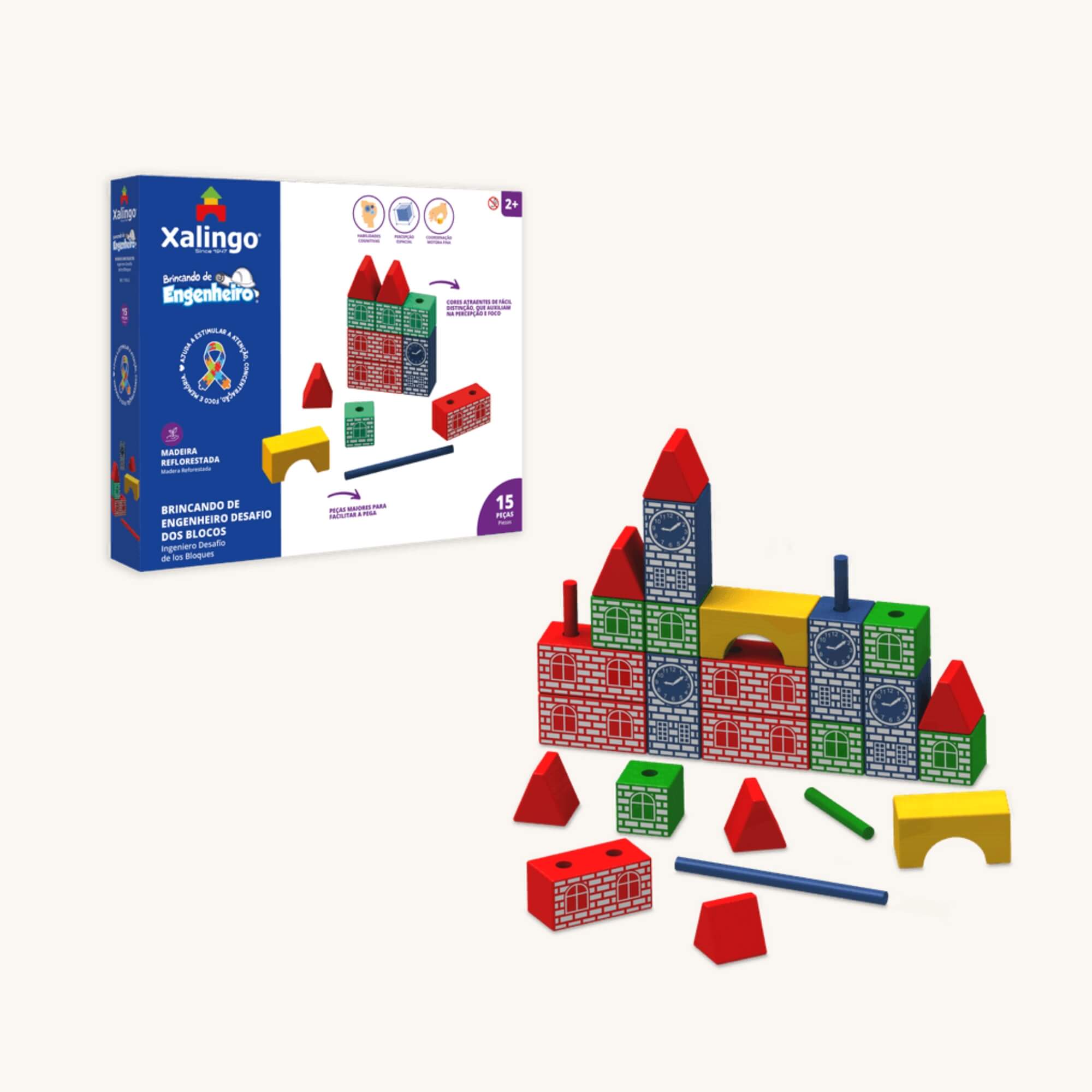 Brinquedo Infantil Brincando de Engenheiro Desafio dos Blocos 15 Peças Xalingo - 11643