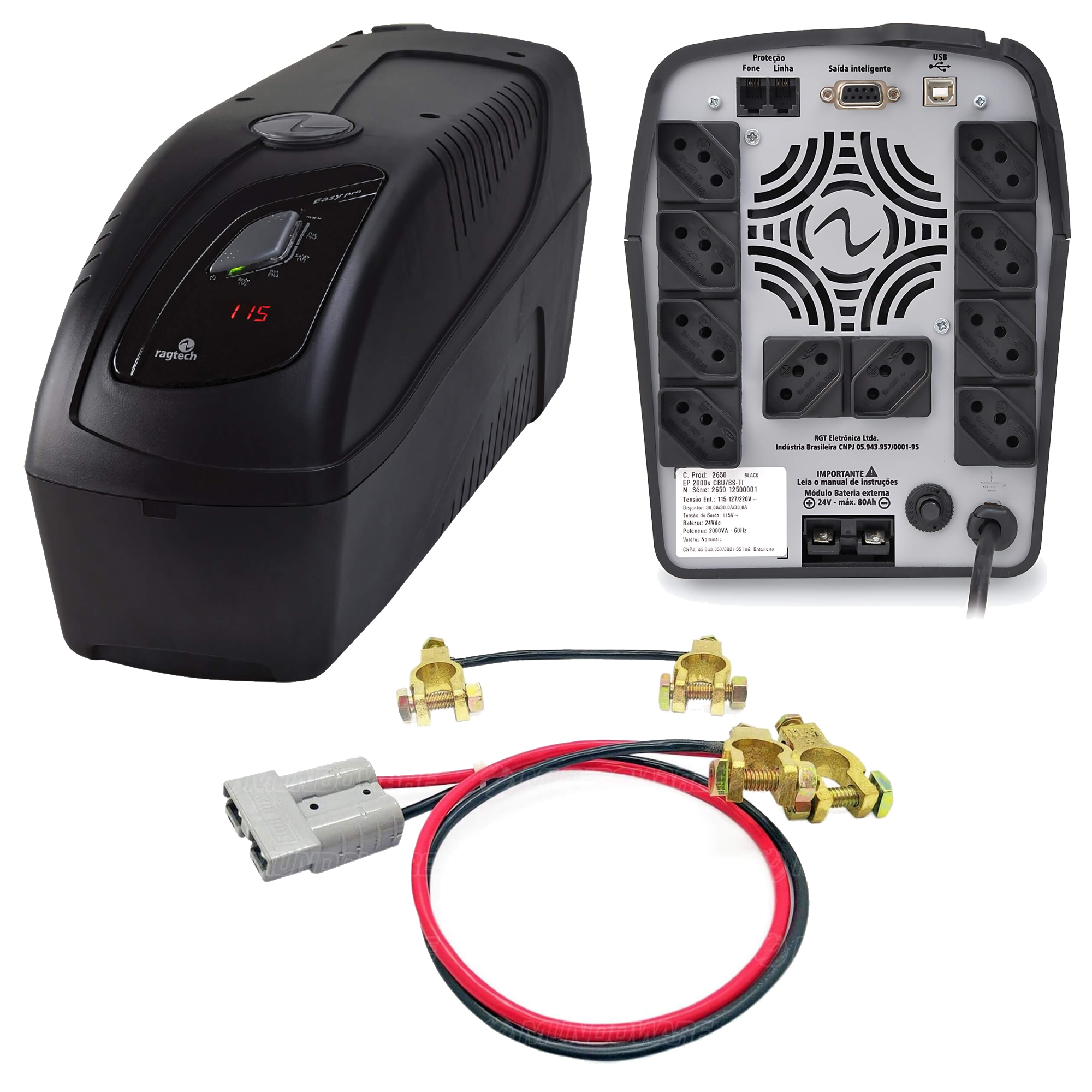 Kit Nobreak Easy Pro Ragtech 3200VA Senoidal Entrada Trivolt Saída 115V + Cabo de Bateria 24v