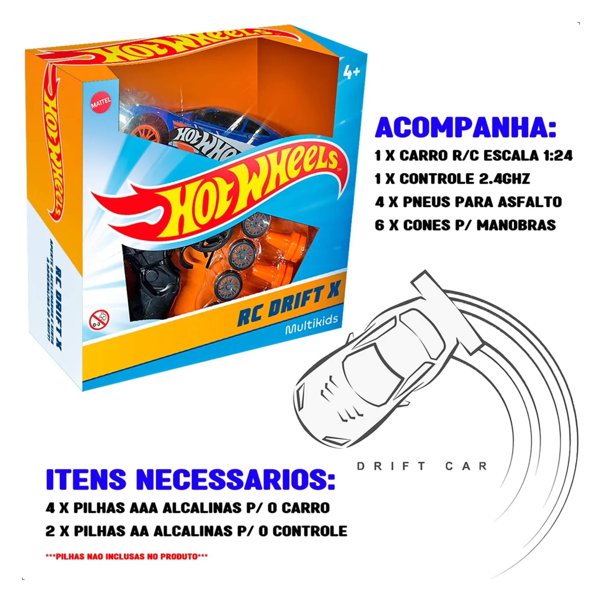 Brinquedo Infantil Carrinho de Controle Remoto 1:24 Hot Wheels RC Drift X Multikids - BR2448