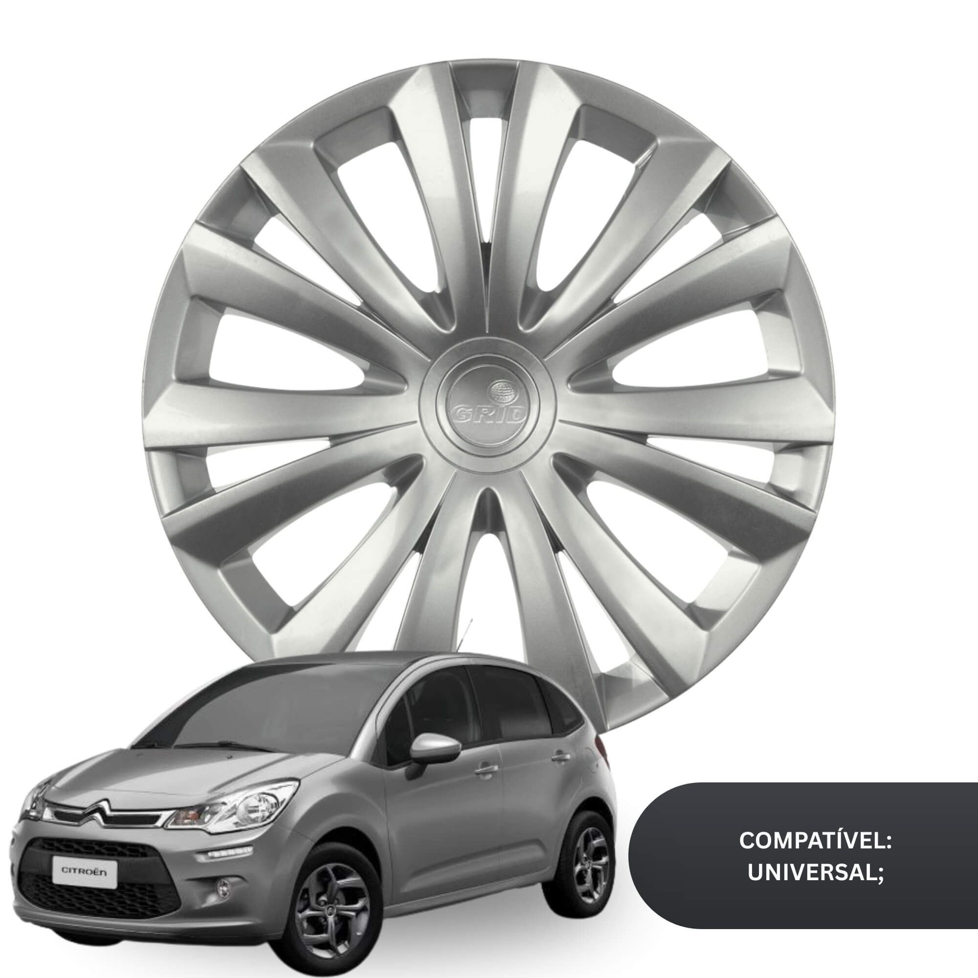 Calota Aro 14" cor Prata modelo C3/C4 14/15 Jogo c/ 4 Calotas Grid - 136AR-PTA-E