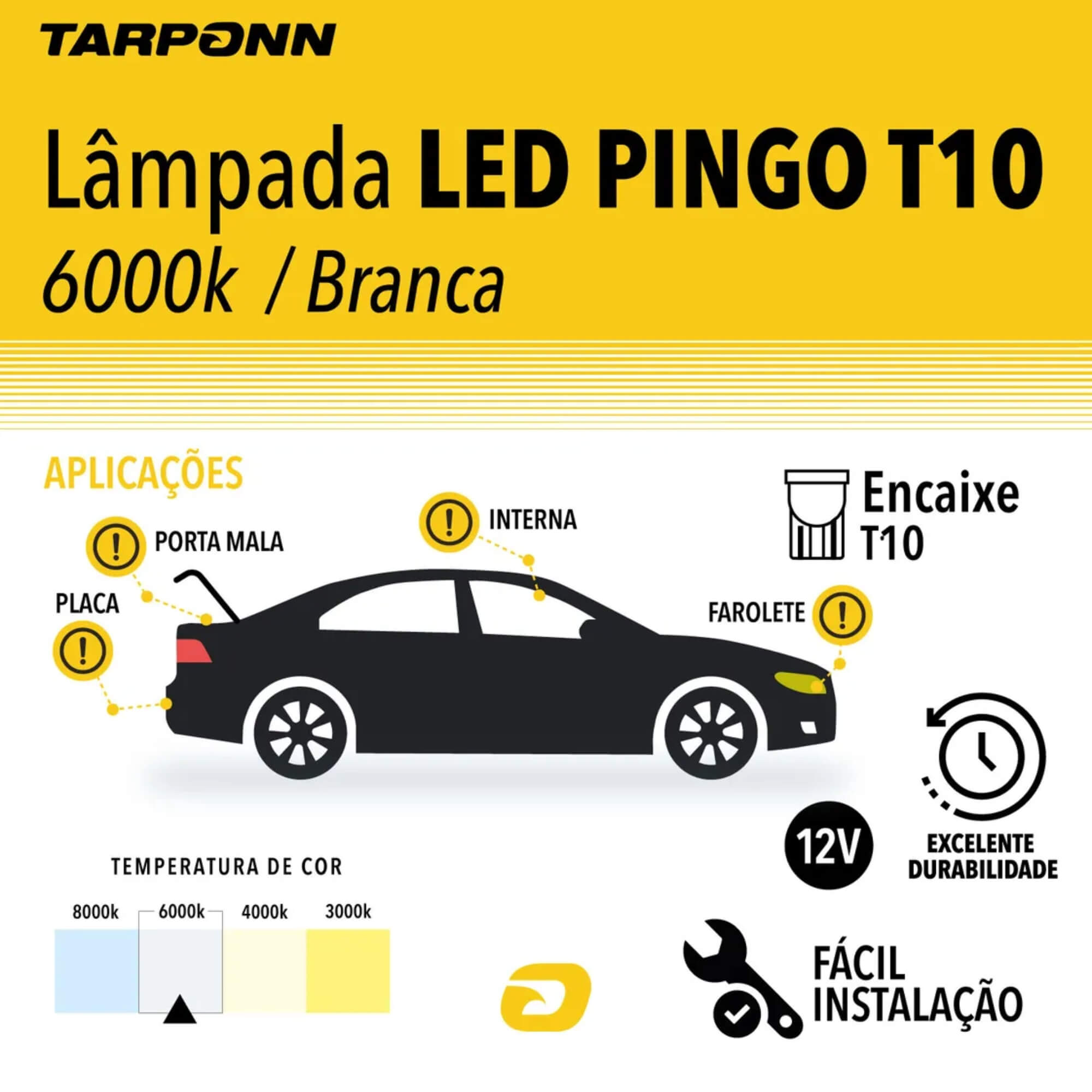 Par Lâmpadas Led Pingo T10 1 Led Convex 12v 6000k c/ Conector W2,1 X 9,5d - T1 Tarponn - TP-5315