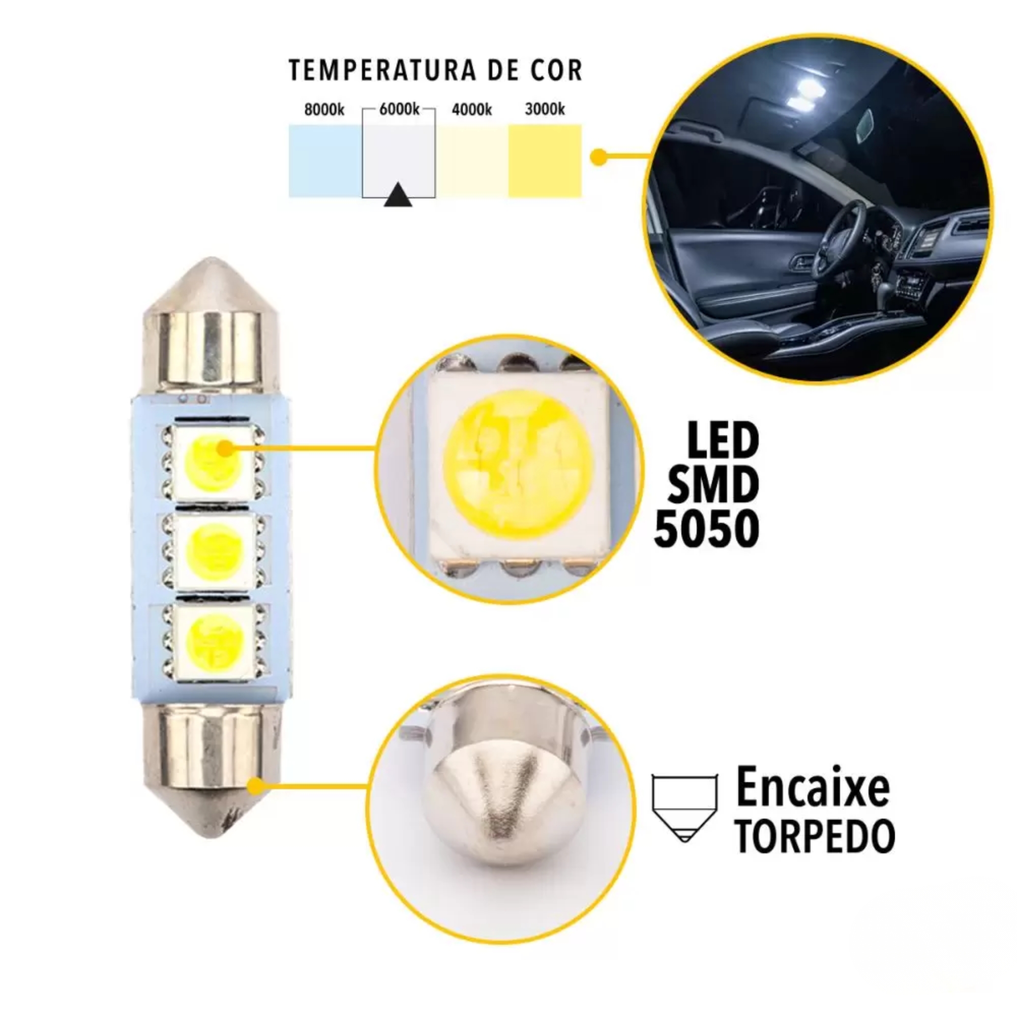 Lâmpada LED Torpedo SJ-5050-3SMD-36MM 12V 6.000K Tarponn - TP-5317