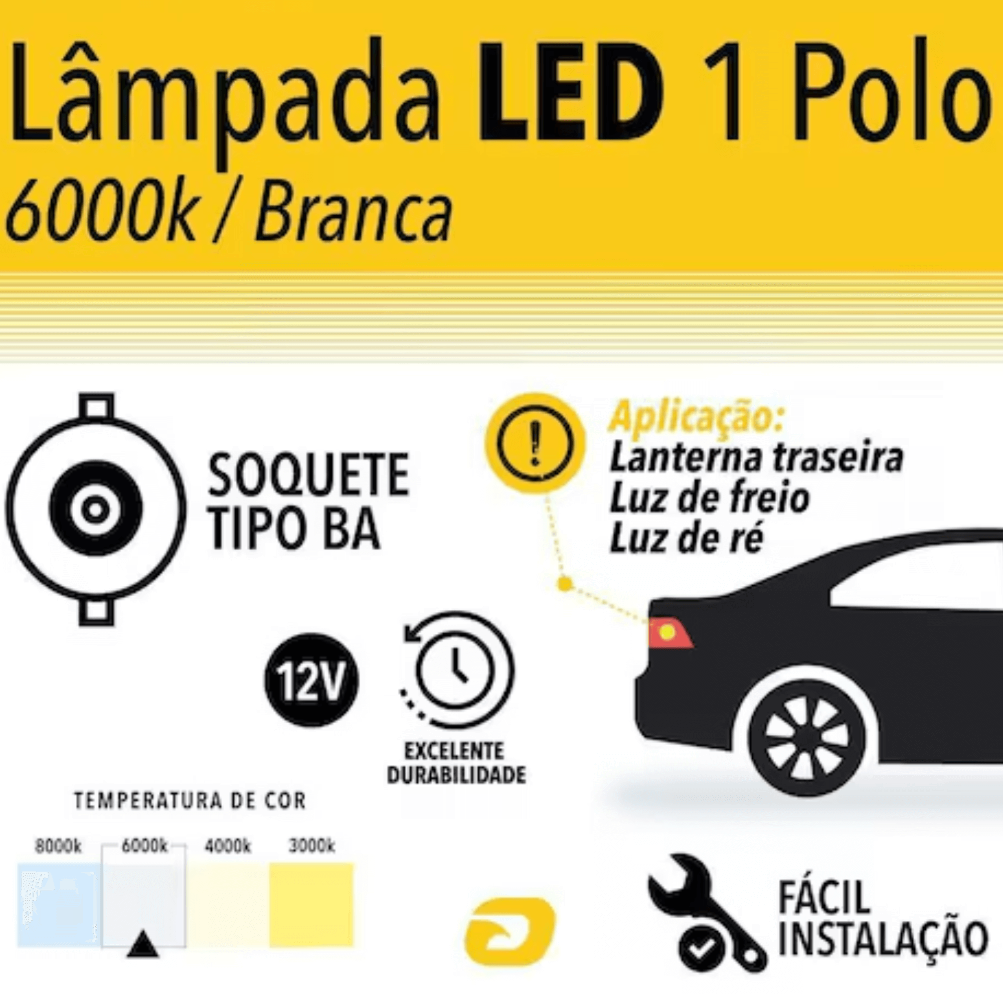 Lâmpada LED branca ré/traseira/freio 67 Ba15S-3014-22SMD 1 Polo 12v 6.000K Tarponn - TP-5320