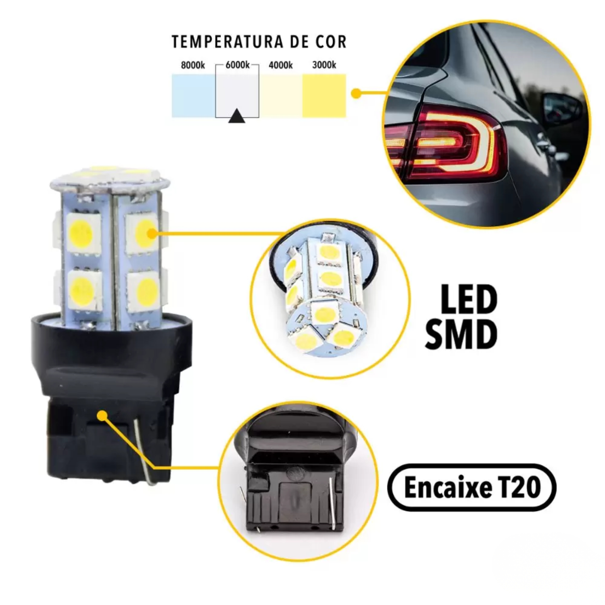 Par de Lâmpadas LED T20-5050-13SMD 1 Polo 12v 6000k Tarponn - TP-5057