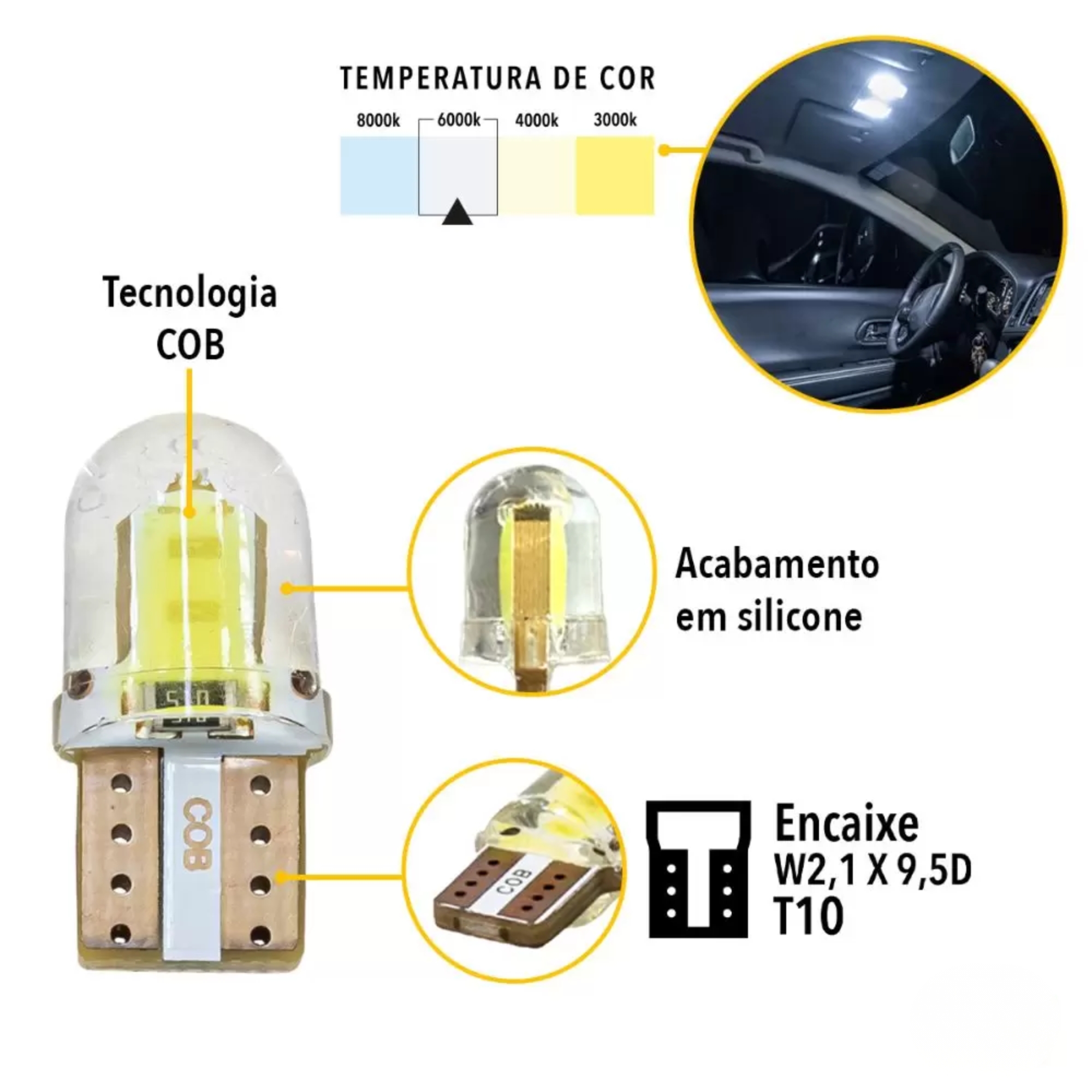 Par de Lâmpadas LED T10 Silicon COB LED CYBER Tarponn - TP-5002