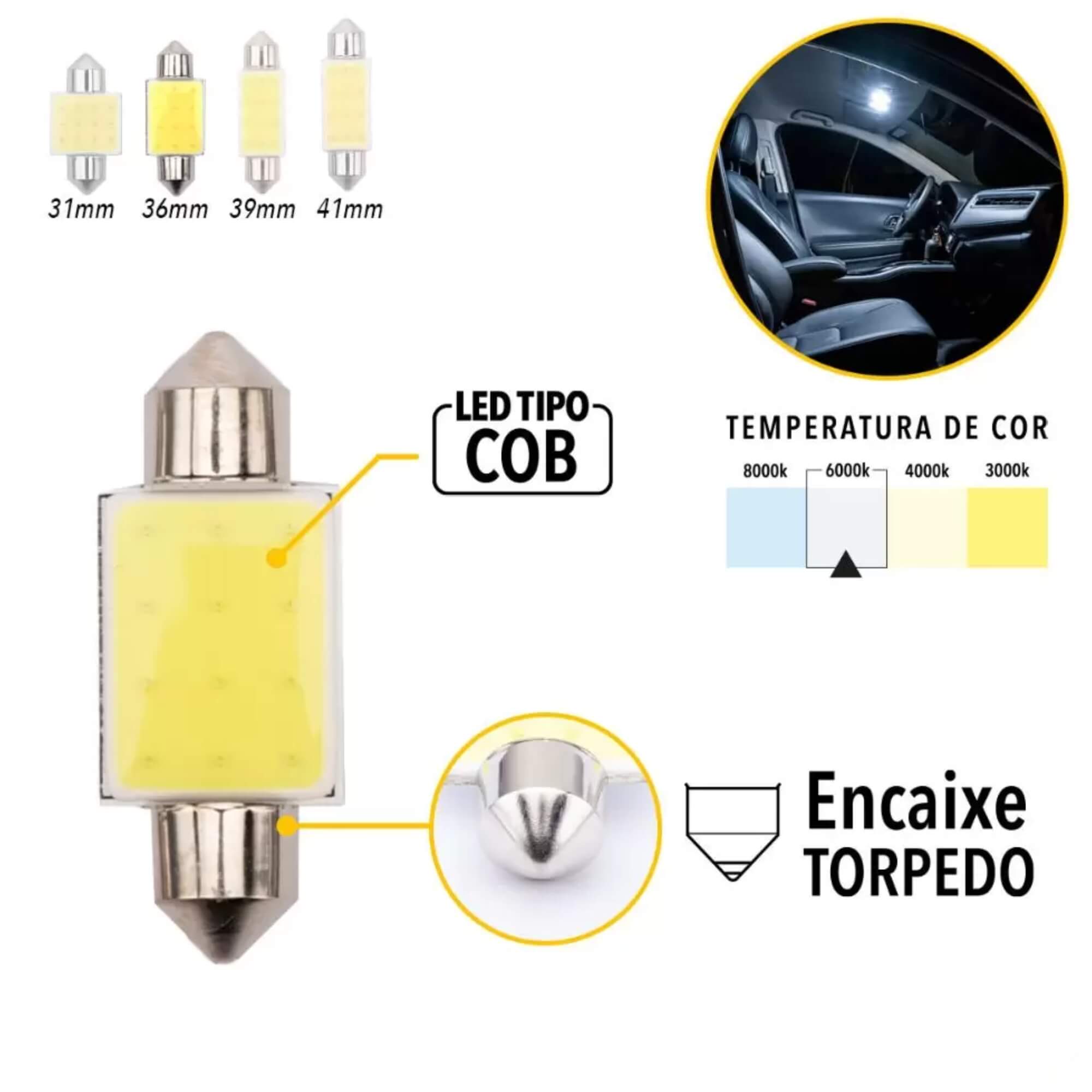 Par de Lâmpadas LED Torpedo SJ-COB-12C-36MM 12v 6000k Tarponn - TP-5032