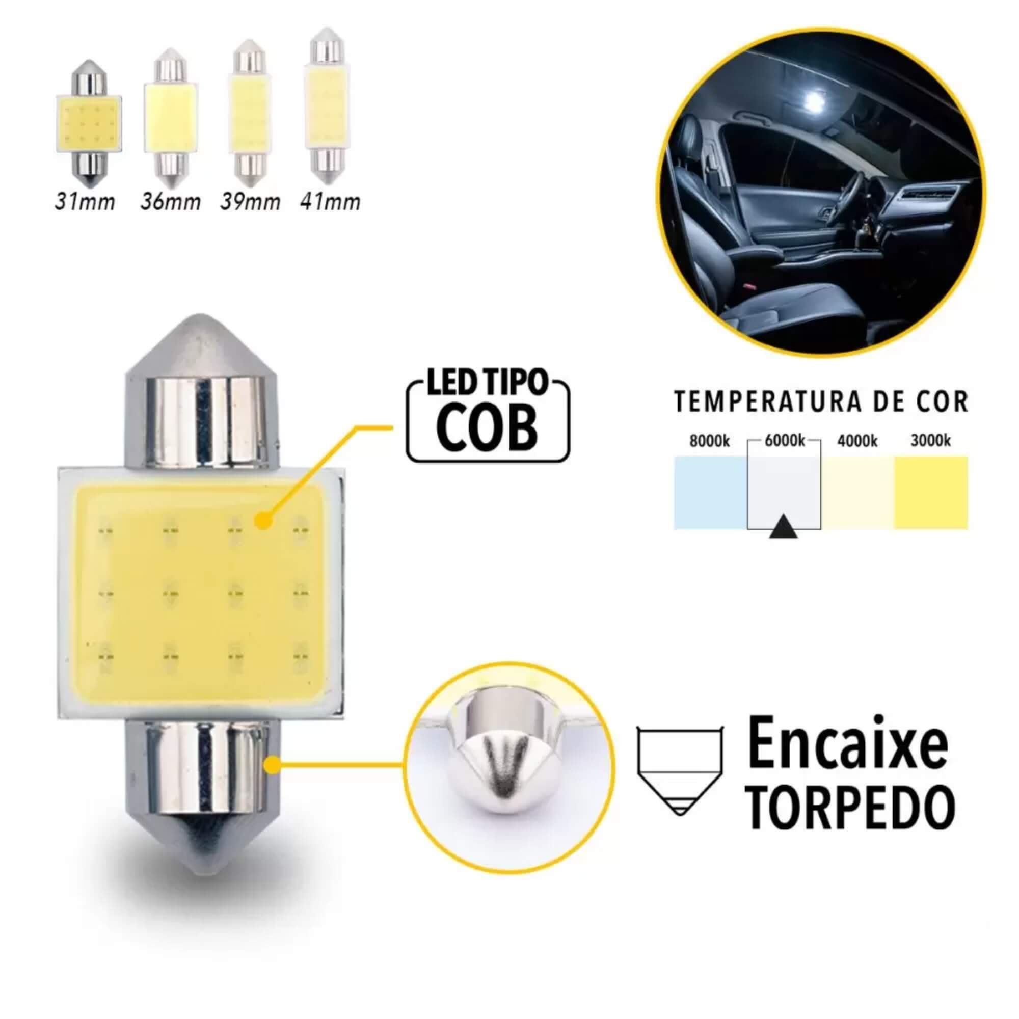 Par de Lâmpadas LED Torpedo SJ-COB-12C-31MM 12v 6000k Tarponn - TP-5031