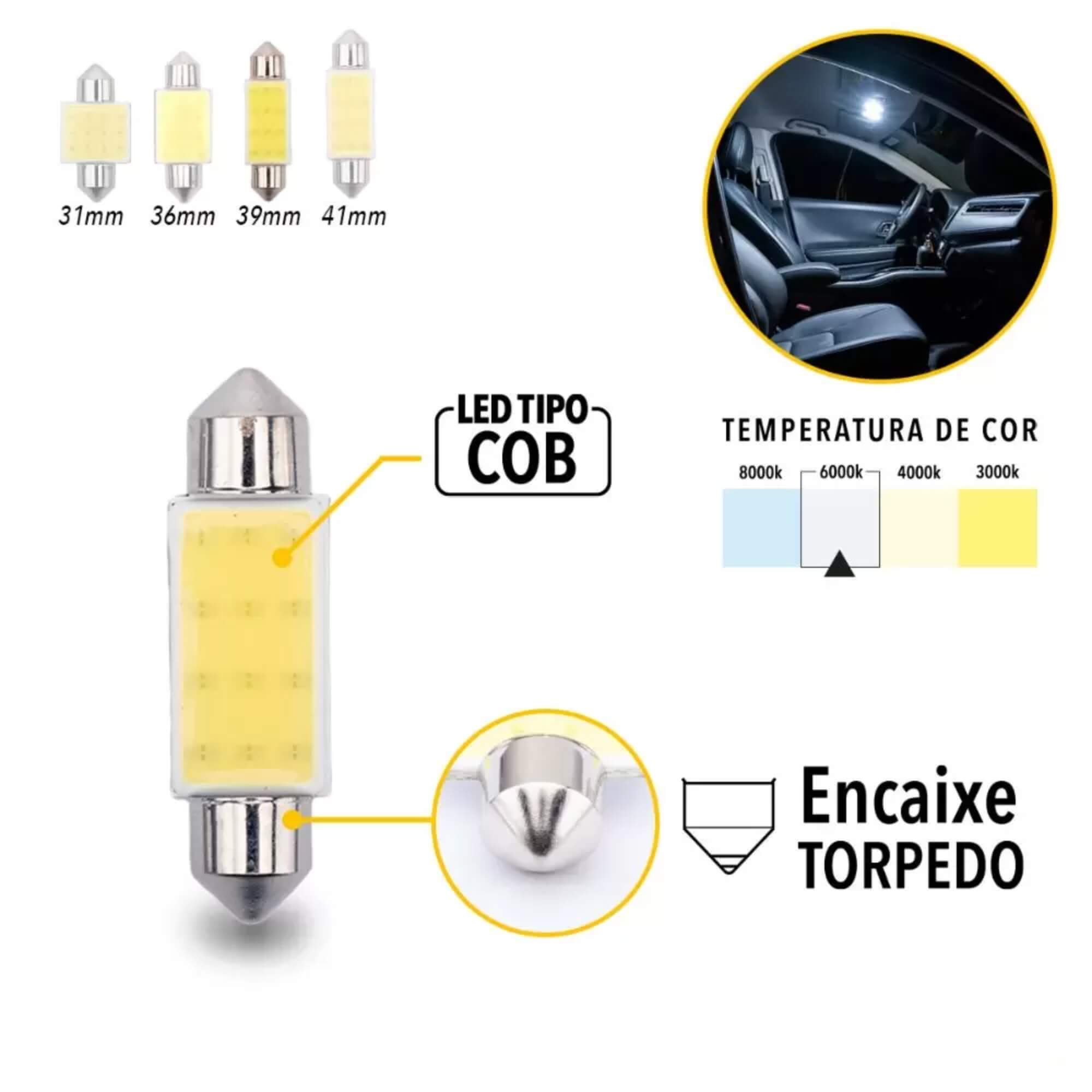 Par de Lâmpadas LED Torpedo SJ-COB-12C-39MM 12v 6000k Tarponn - TP-5033