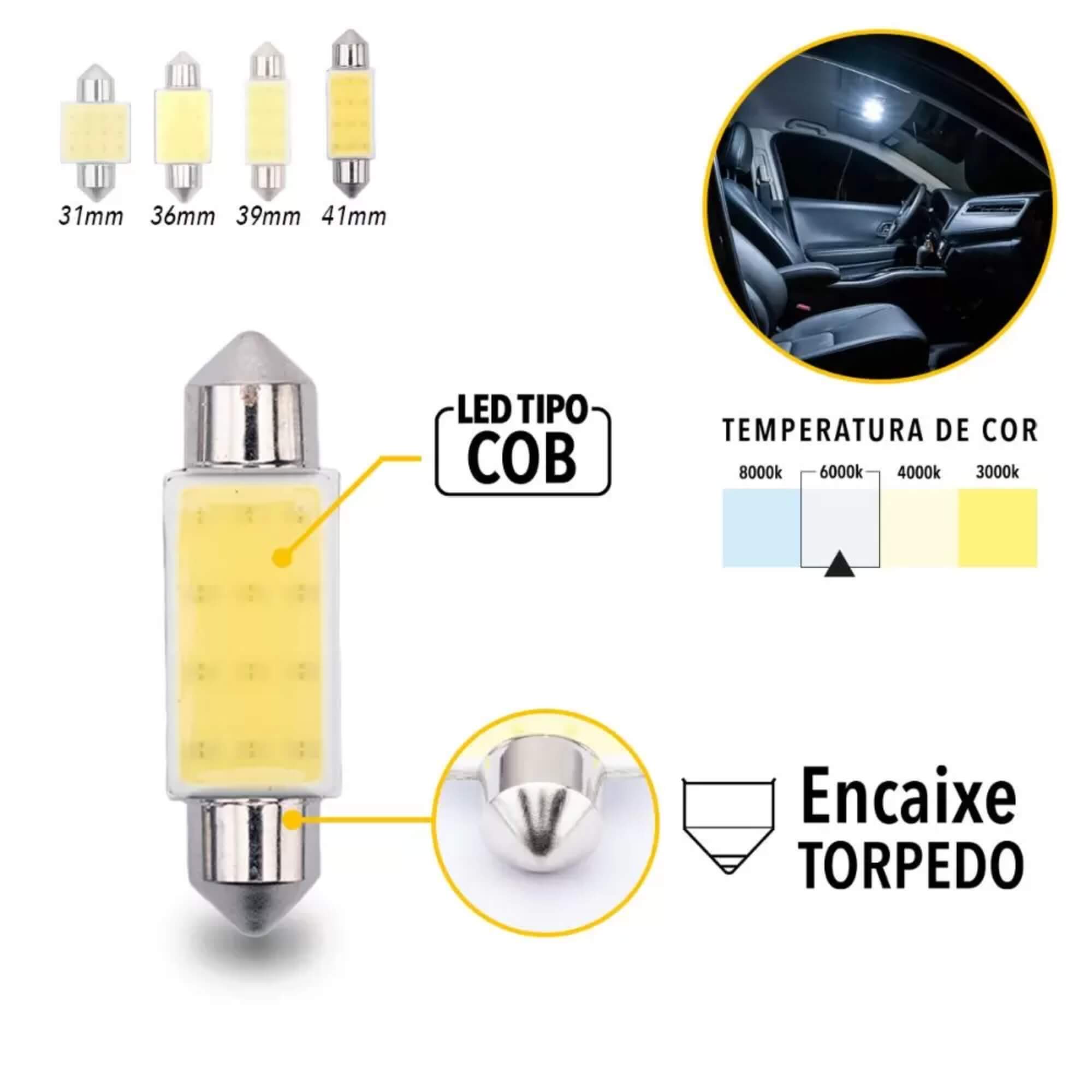 Par de Lâmpadas LED Torpedo SJ-COB-12C-41MM 12v 6000k Tarponn - TP-5034