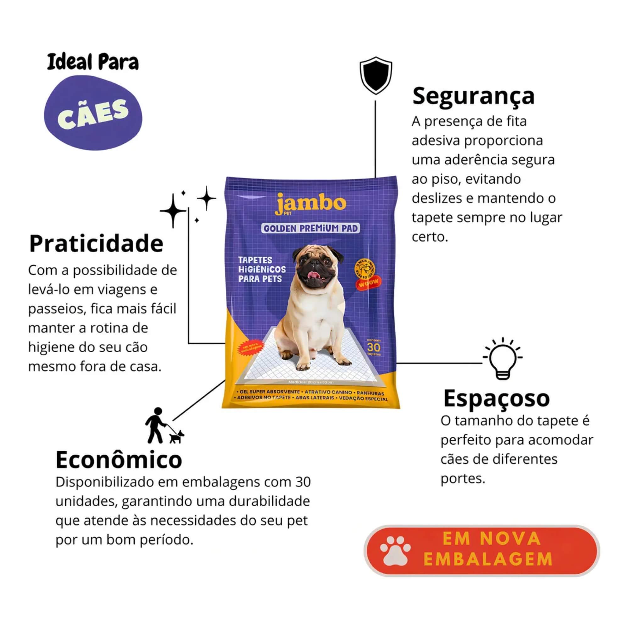 Tapete Higiênico Golden Premium para Cães 60x80 com 30 Unidades Jambo Pets - 10930