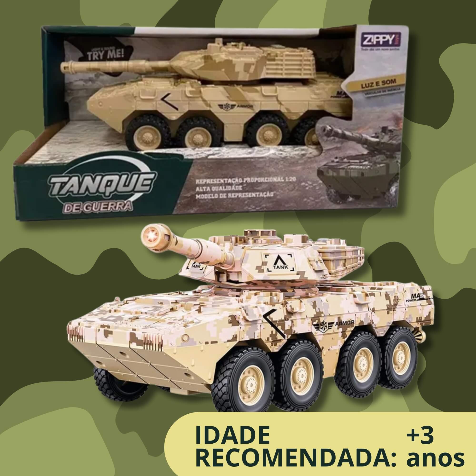 Brinquedo Infantil Carrinho Tanque de Guerra Bege Fricção com Luz e Som 26cm Zippy Toys - 10485