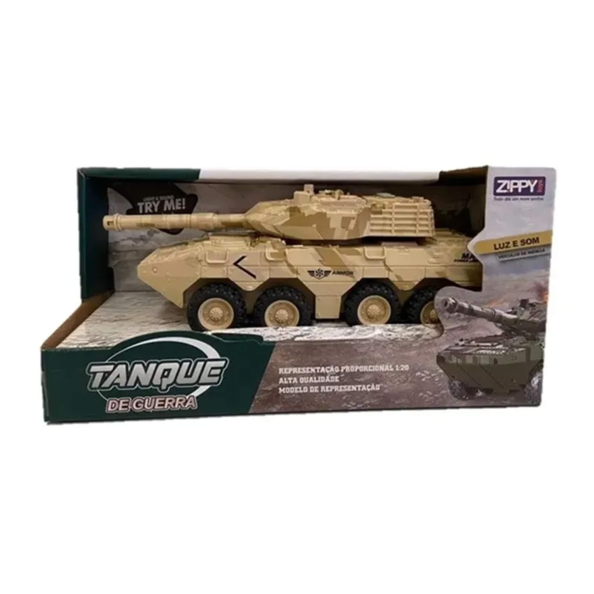 Brinquedo Infantil Carrinho Tanque de Guerra Bege Fricção com Luz e Som 26cm Zippy Toys - 10485