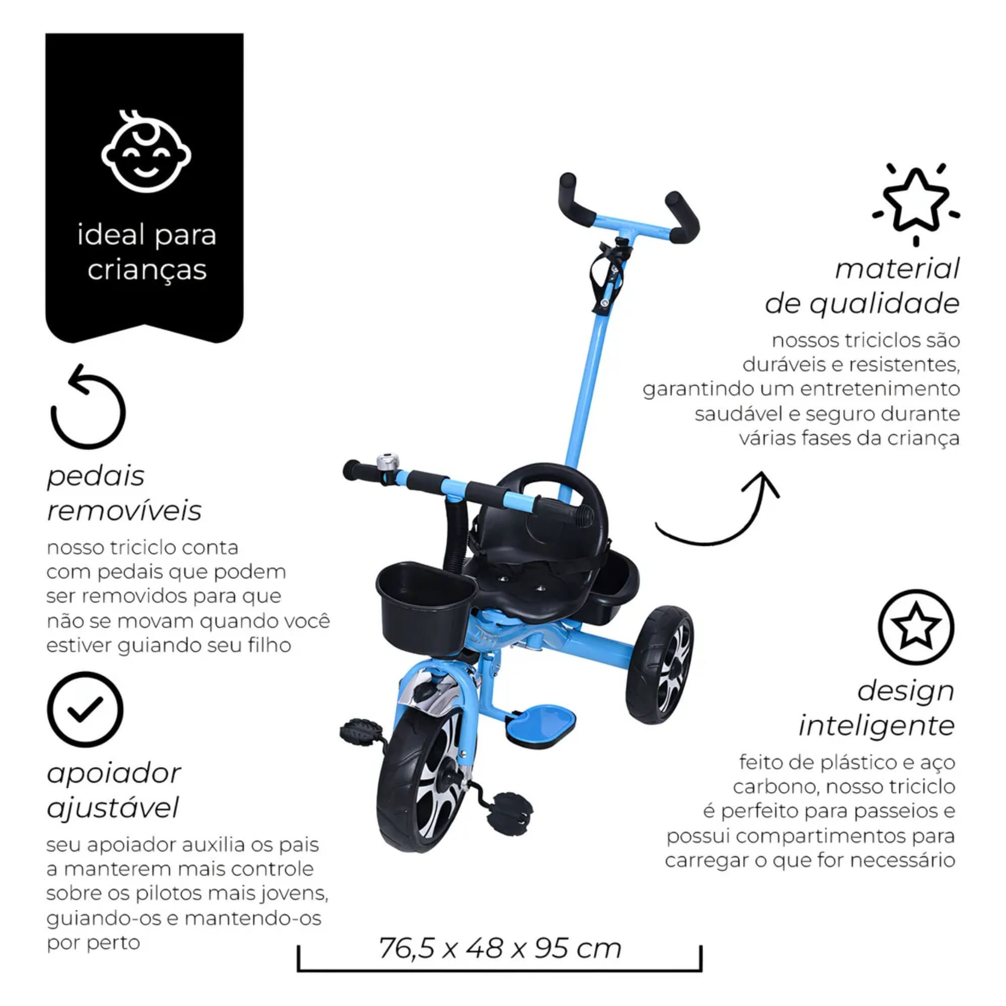 Triciclo Infantil com Apoiador Azul Zippy Toys - 7630