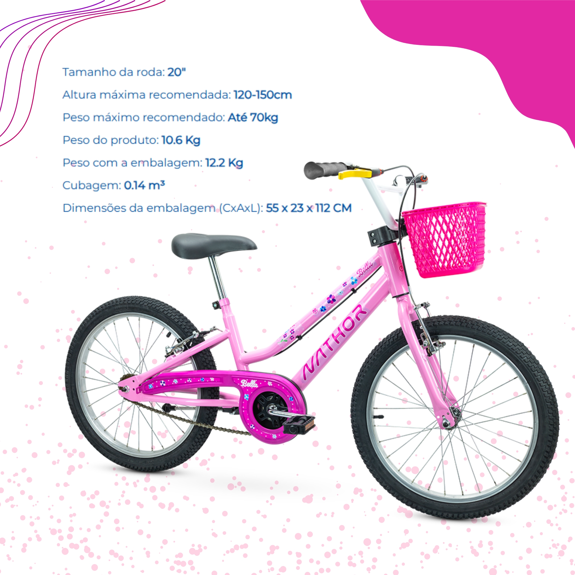Bicicleta Infantil Aro 20" Bella Rosa c/ guidão ajustável +7 Anos Nathor - 101200160016