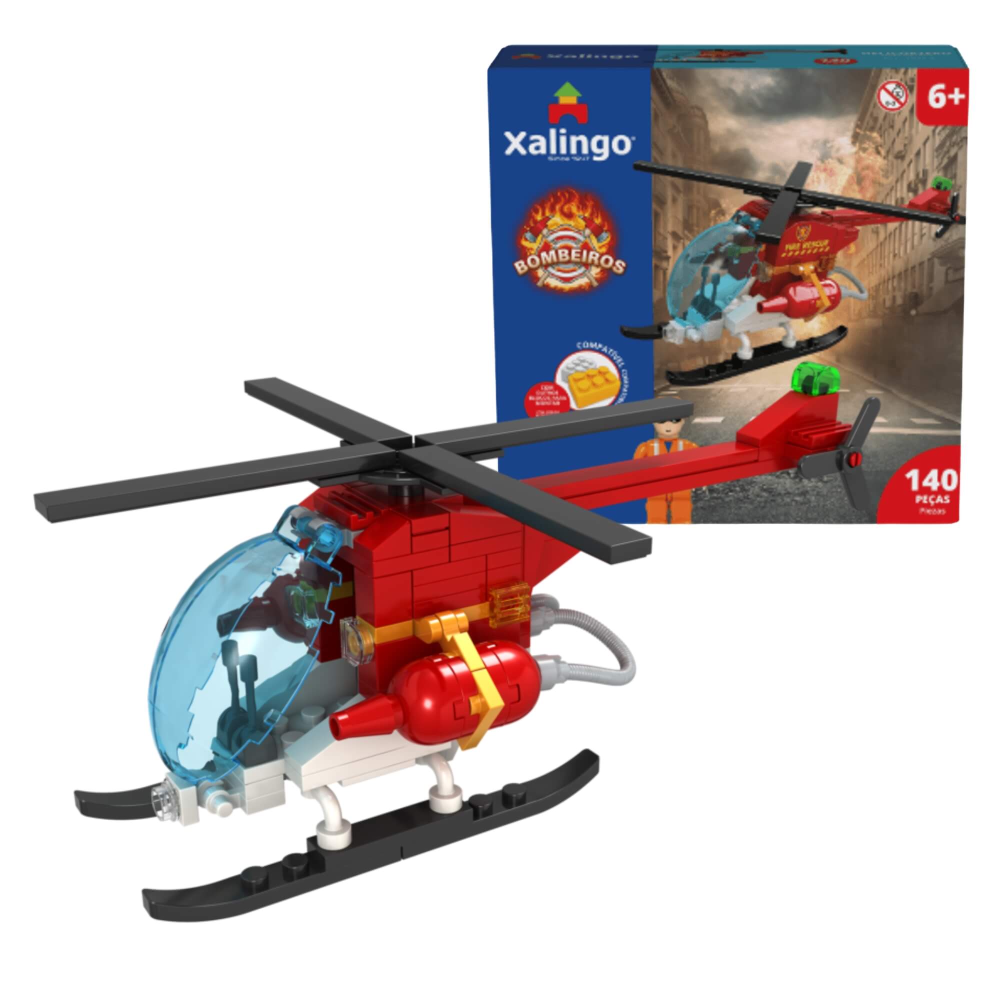 Brinquedo Infantil Blocos de Montar Bombeiros Helicóptero 140 peças Xalingo - 15309