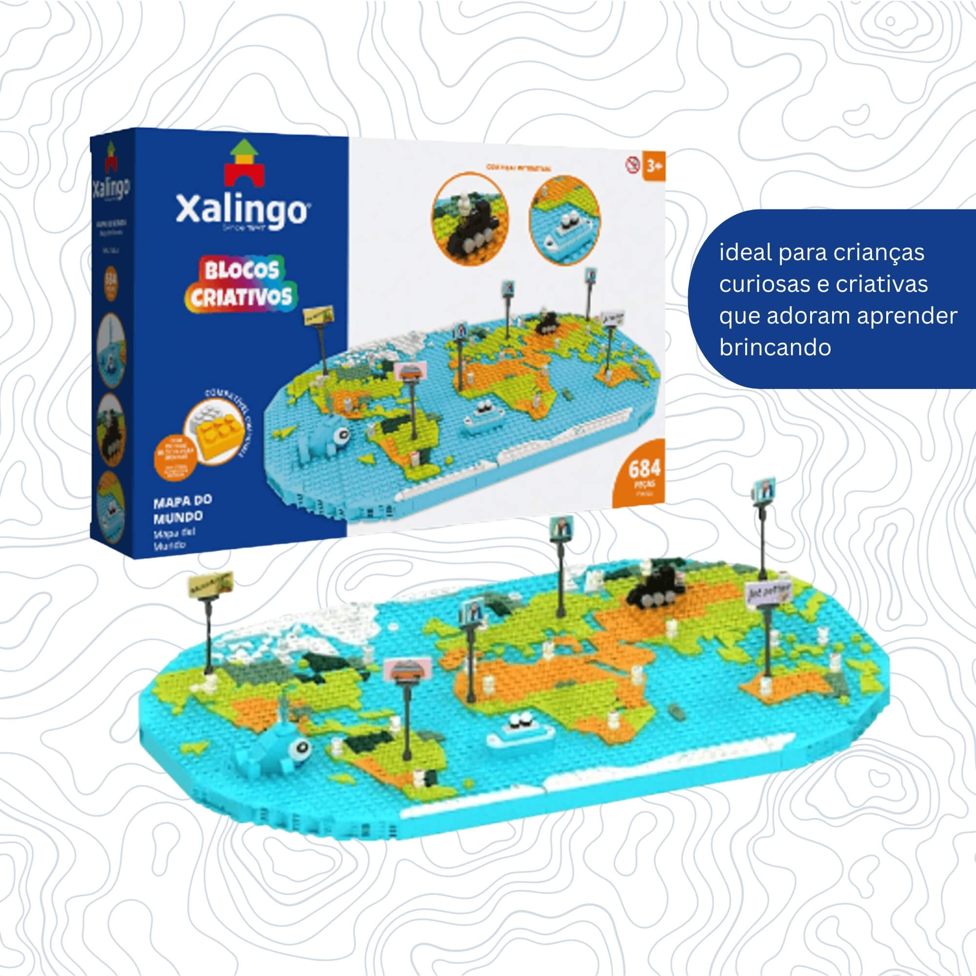 Brinquedo Infantil Blocos Criativos Mapa do Mundo 684 Peças Xalingo - 16365