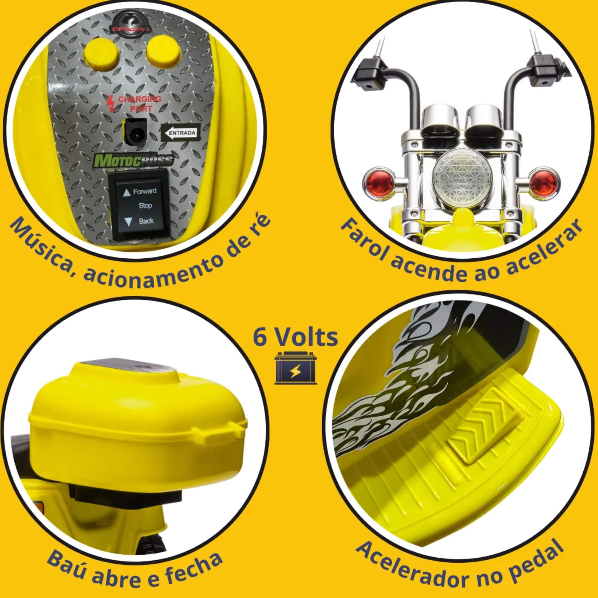 Mini Moto Elétrica Infantil Amarela c/ Bateria Recarregável 6V +3 Anos Zippy Toys - 9022