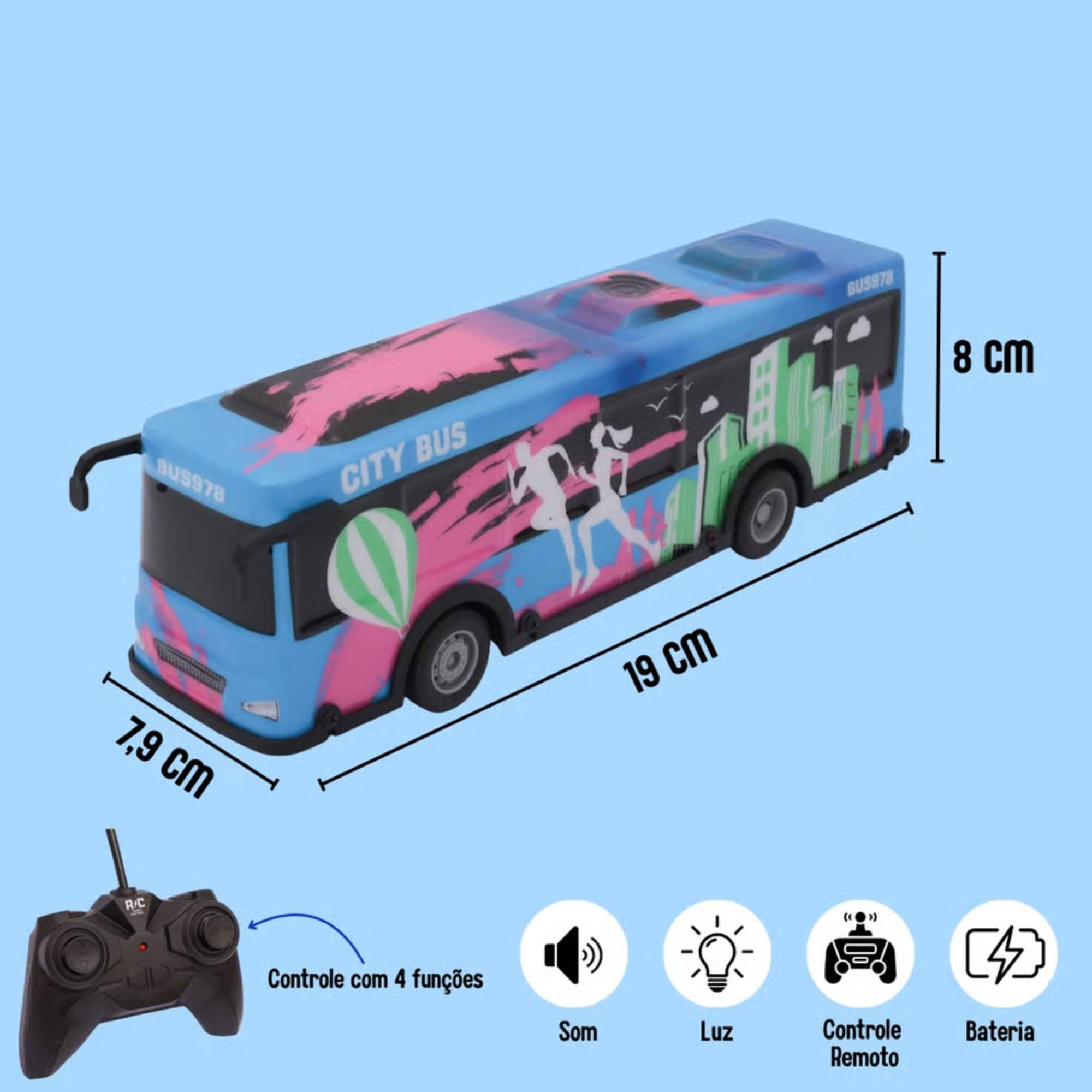 Brinquedo Infantil Ônibus de Controle Remoto Azul com Luz e Som Zippy Toys - 11103
