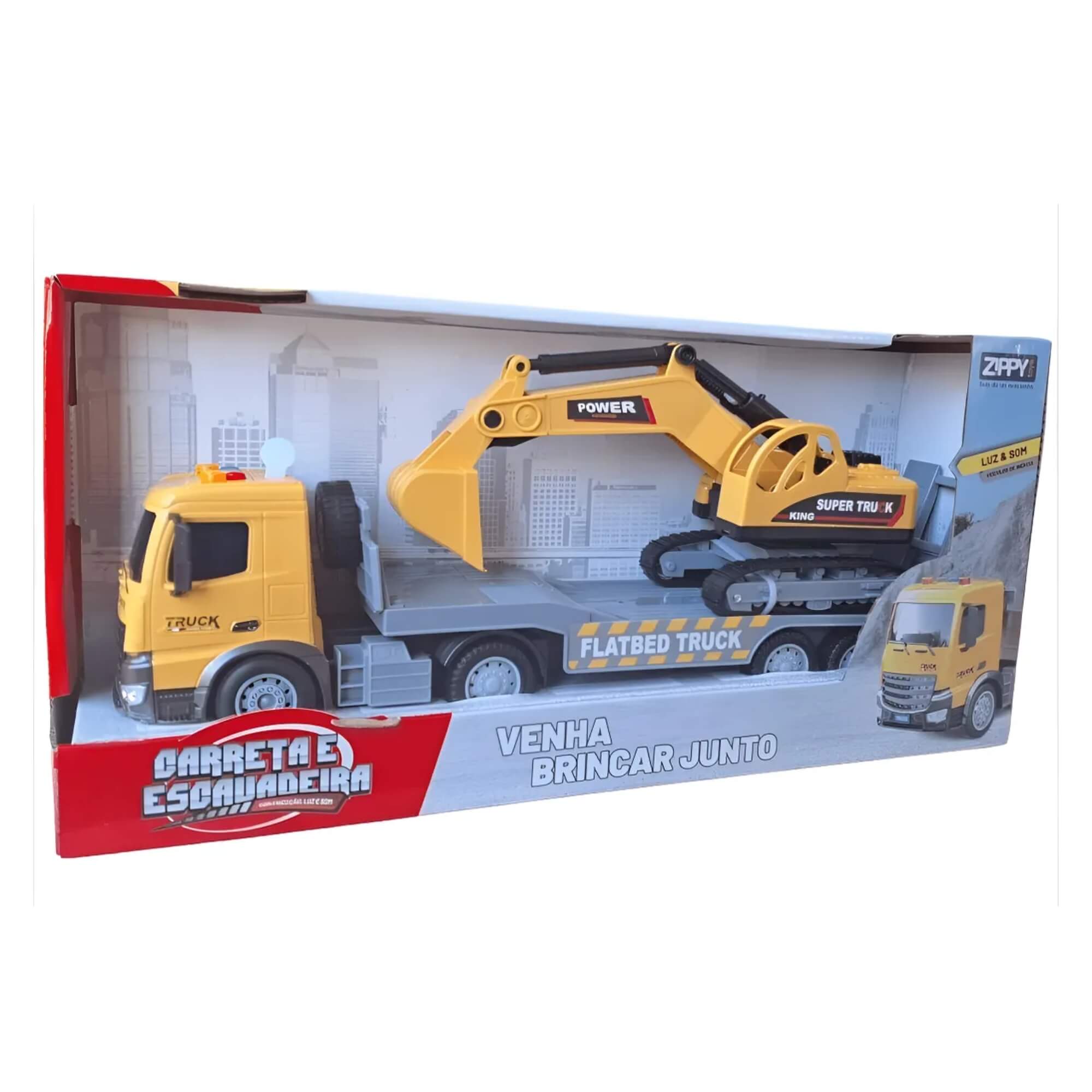Brinquedo Infantil Carreta e Escavadeira 37cm Luz e Som Zippy Toys - 10474