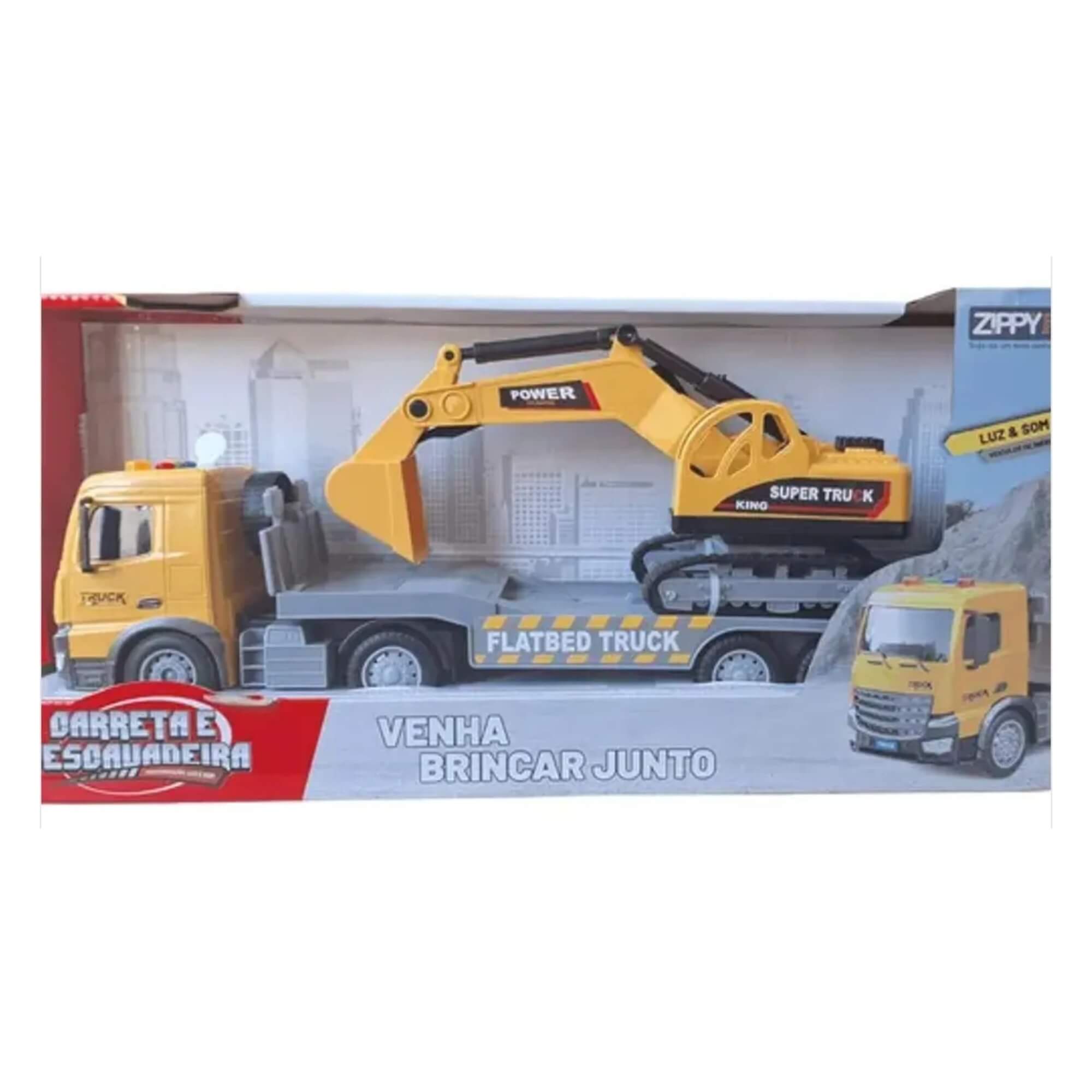 Brinquedo Infantil Carreta e Escavadeira 37cm Luz e Som Zippy Toys - 10474