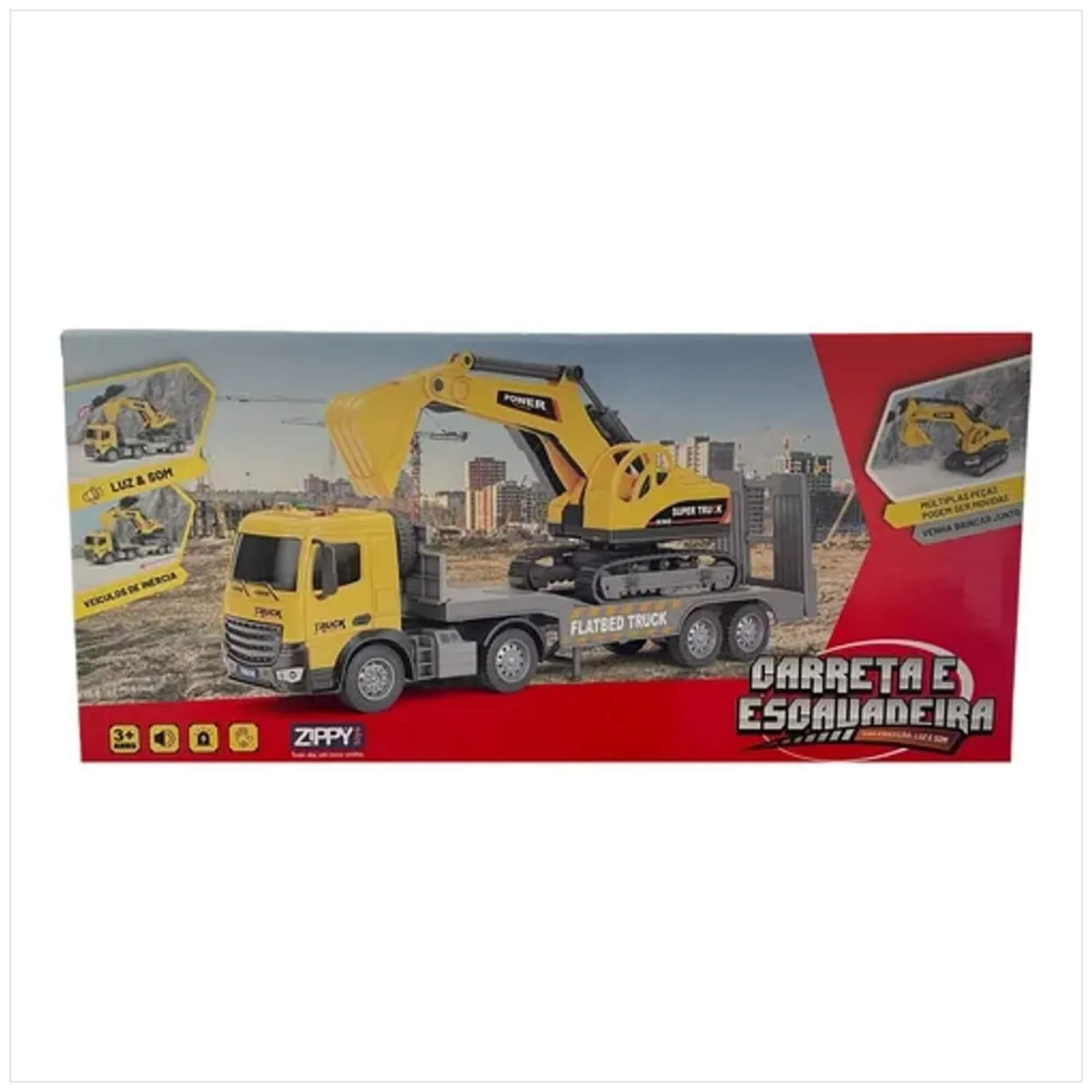 Brinquedo Infantil Carreta e Escavadeira 37cm Luz e Som Zippy Toys - 10474