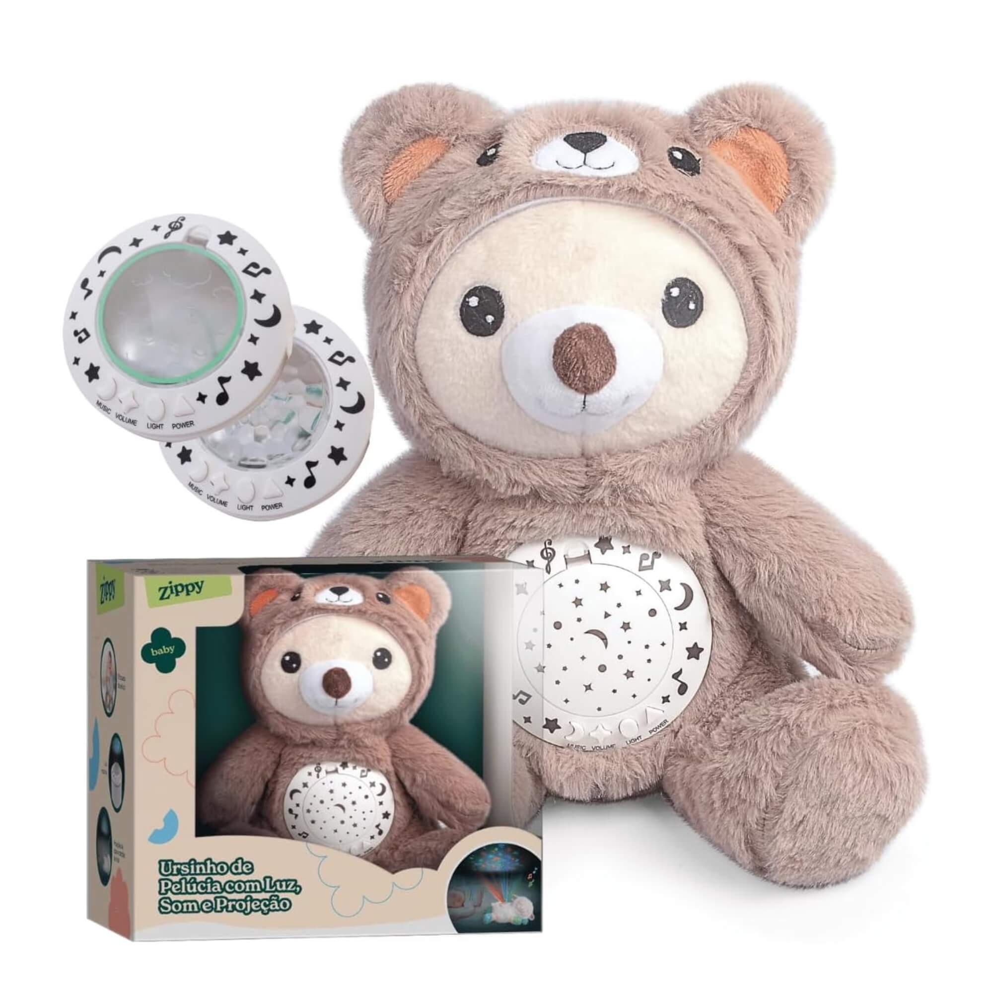 Pelúcia Musical Bebê 3 em 1 Luz Som Projeção Estrelas Sensor de Choro Ursinho Zippy Toys - 111243