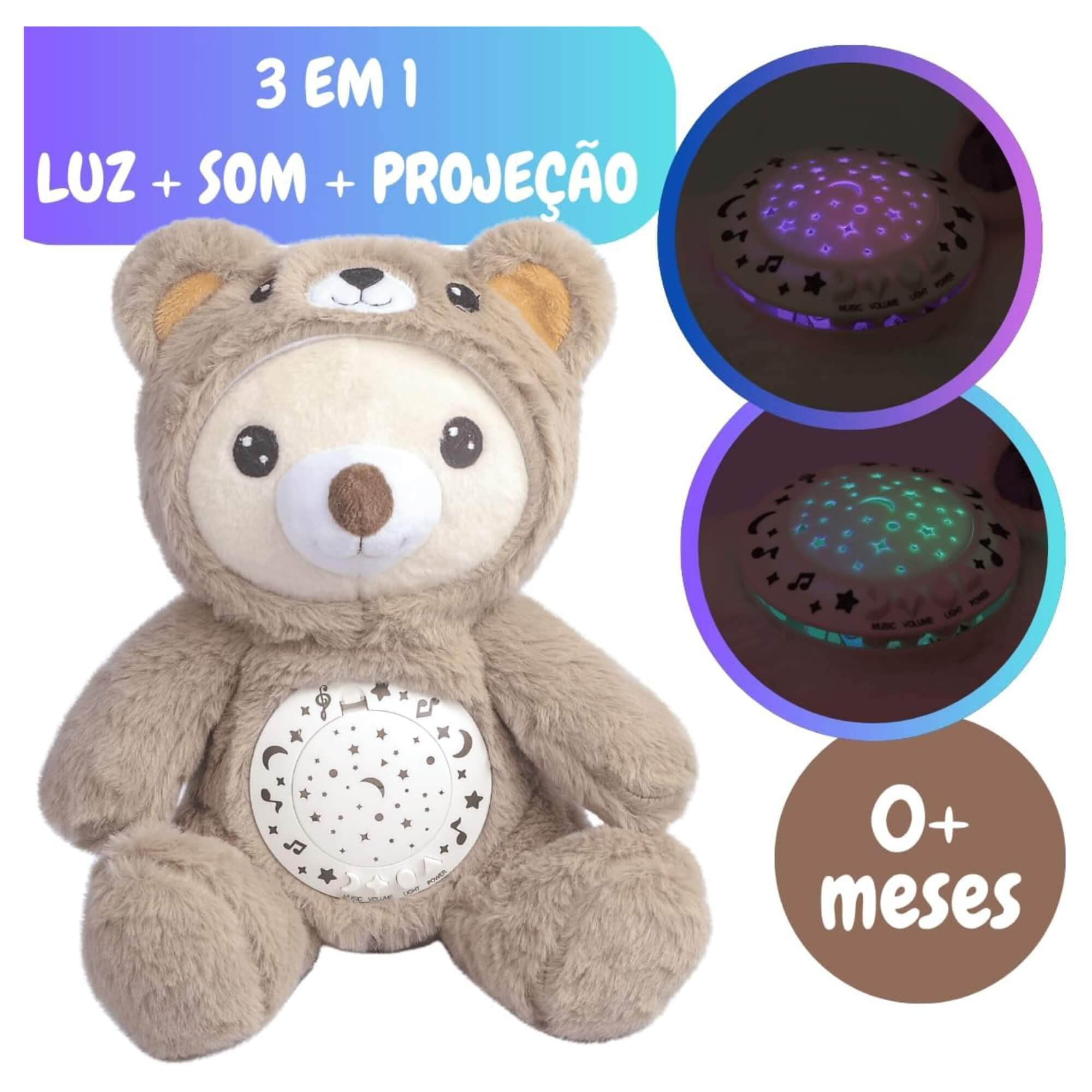 Pelúcia Musical Bebê 3 em 1 Luz Som Projeção Estrelas Sensor de Choro Ursinho Zippy Toys - 11124