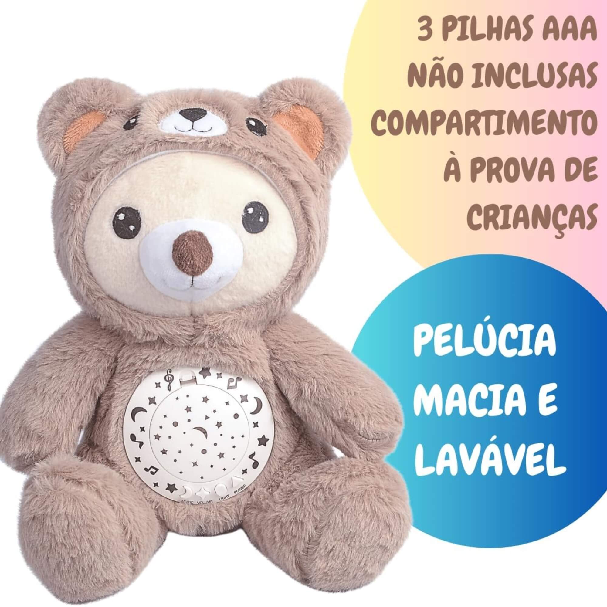 Pelúcia Musical Bebê 3 em 1 Luz Som Projeção Estrelas Sensor de Choro Ursinho Zippy Toys - 11124