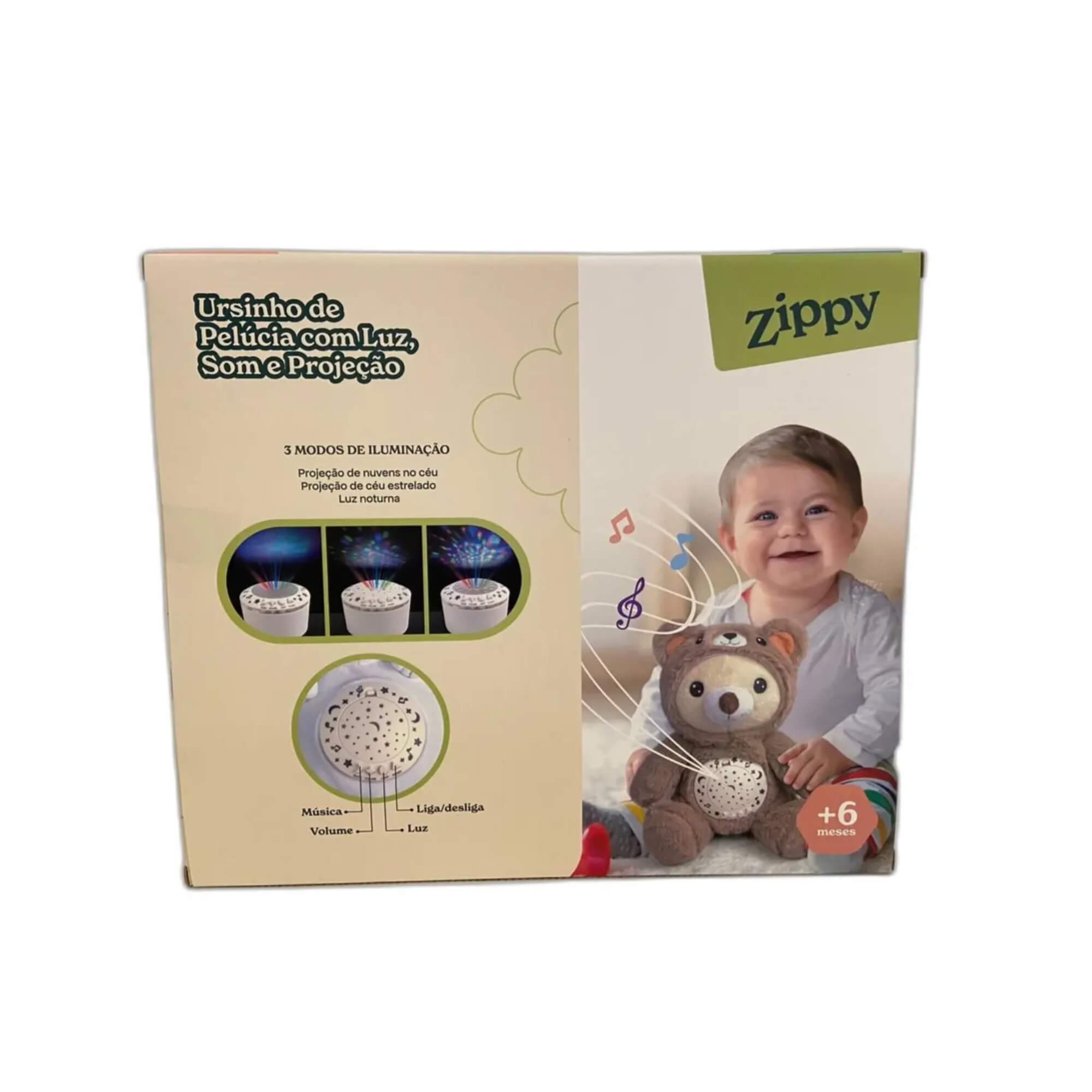 Pelúcia Musical Bebê 3 em 1 Luz Som Projeção Estrelas Sensor de Choro Ursinho Zippy Toys - 11124