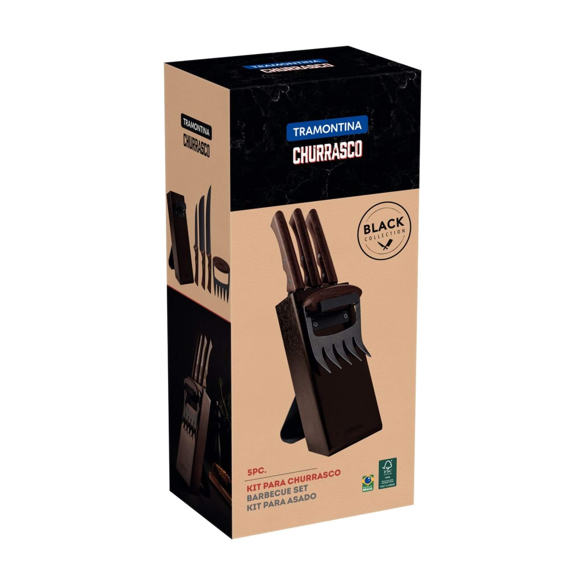 Kit Churrasco 5 Peças Lâminas Aço Inox Escurecido Cabos de Madeira Tramontina - 22999045