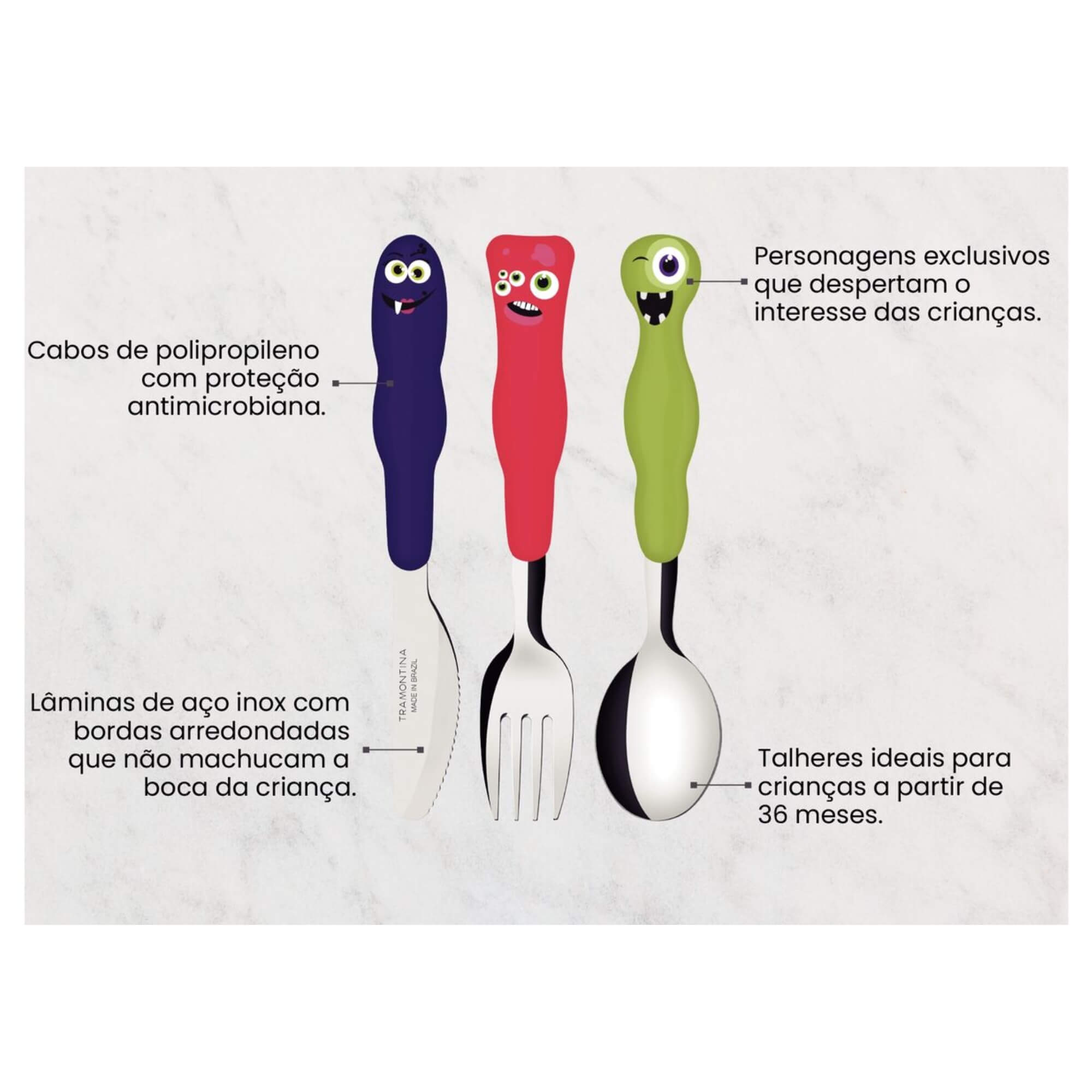 Jogo de Talheres Infantil Lirous Colorido 03 Peças Tramontina - 23797910
