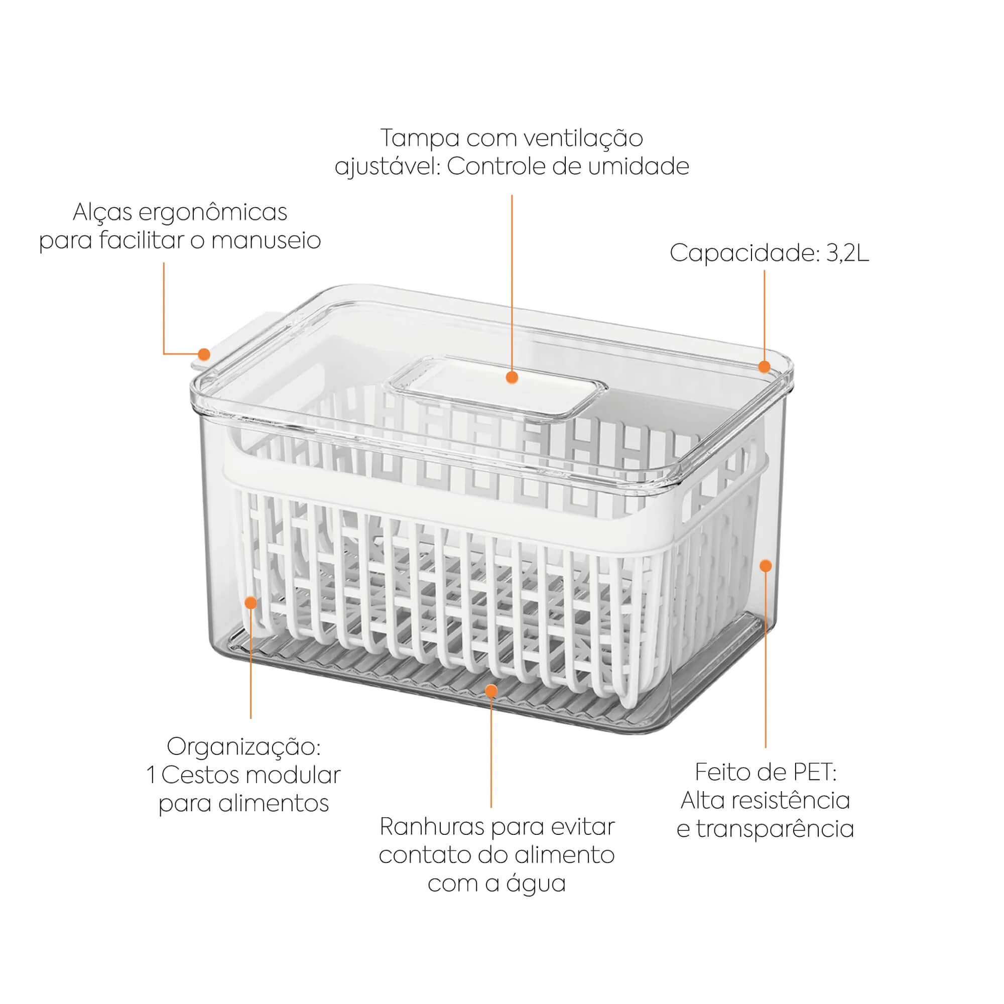 Organizador de Geladeira com Cesto 3,2 Litros Coza Dry Cristal Brinox - 10195/3009