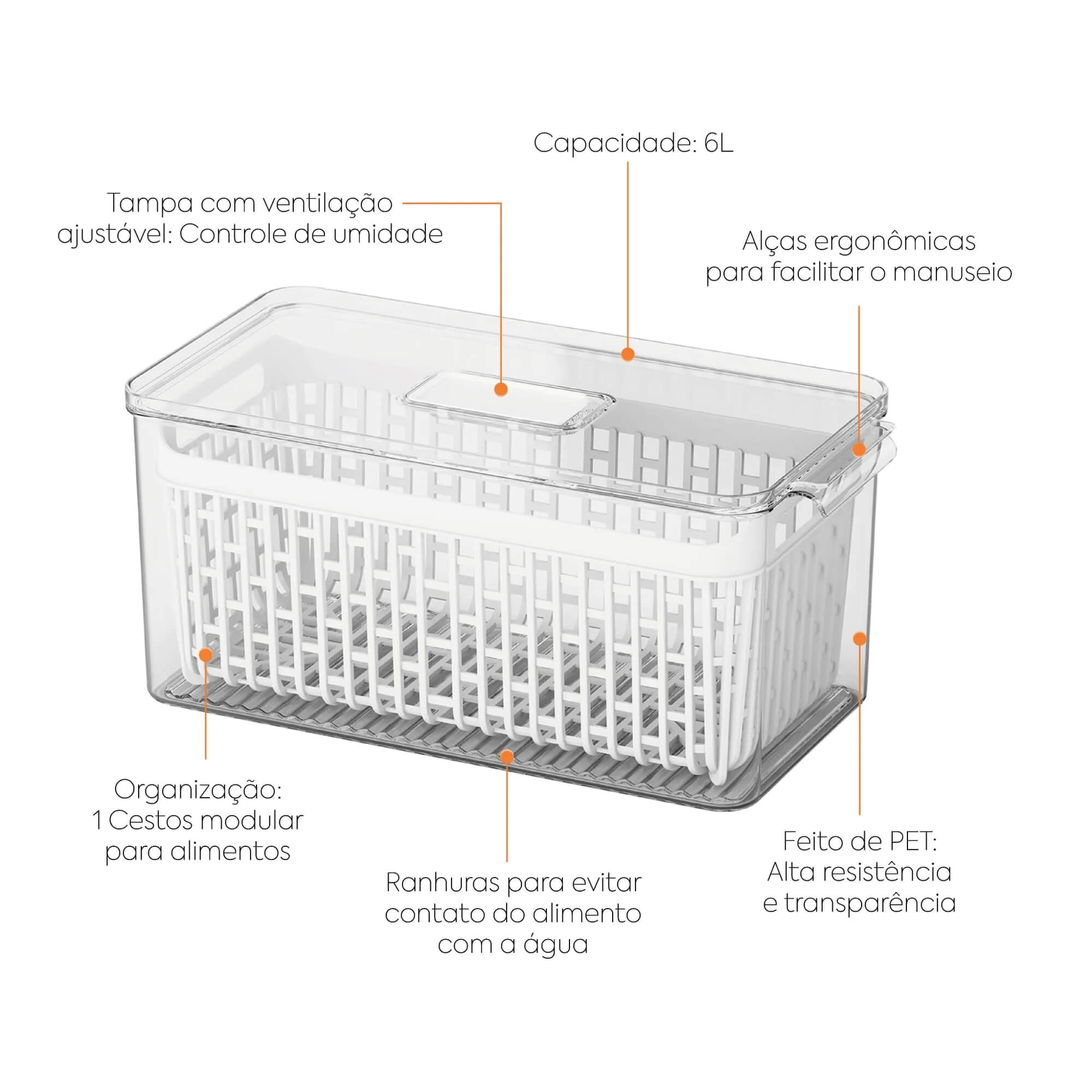 Organizador de Geladeira com Cesto 6 Litros Coza Dry Cristal Brinox - 10196/3009