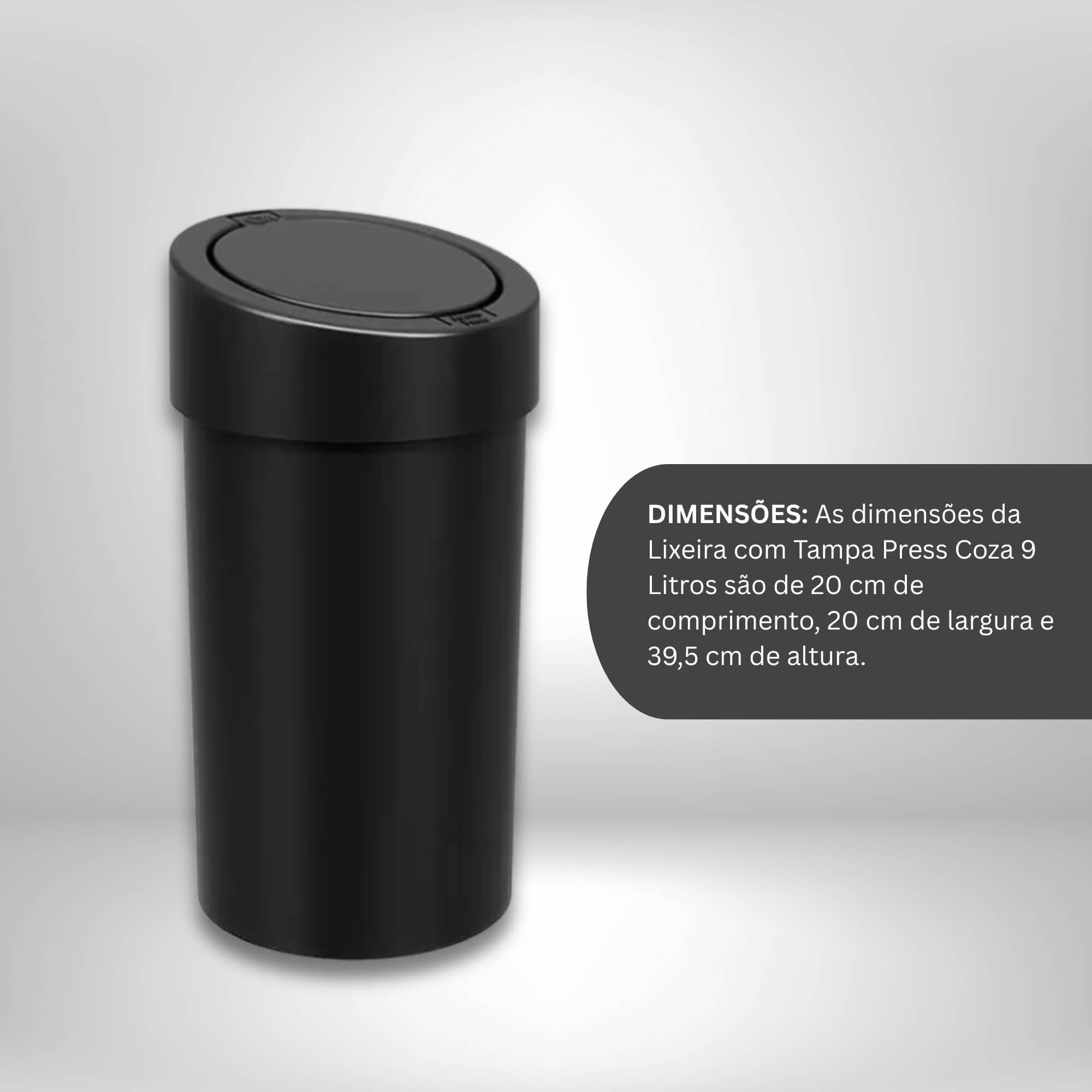Lixeira com Tampa Press Coza 9 Litros Preto Brinox - 10909/0008